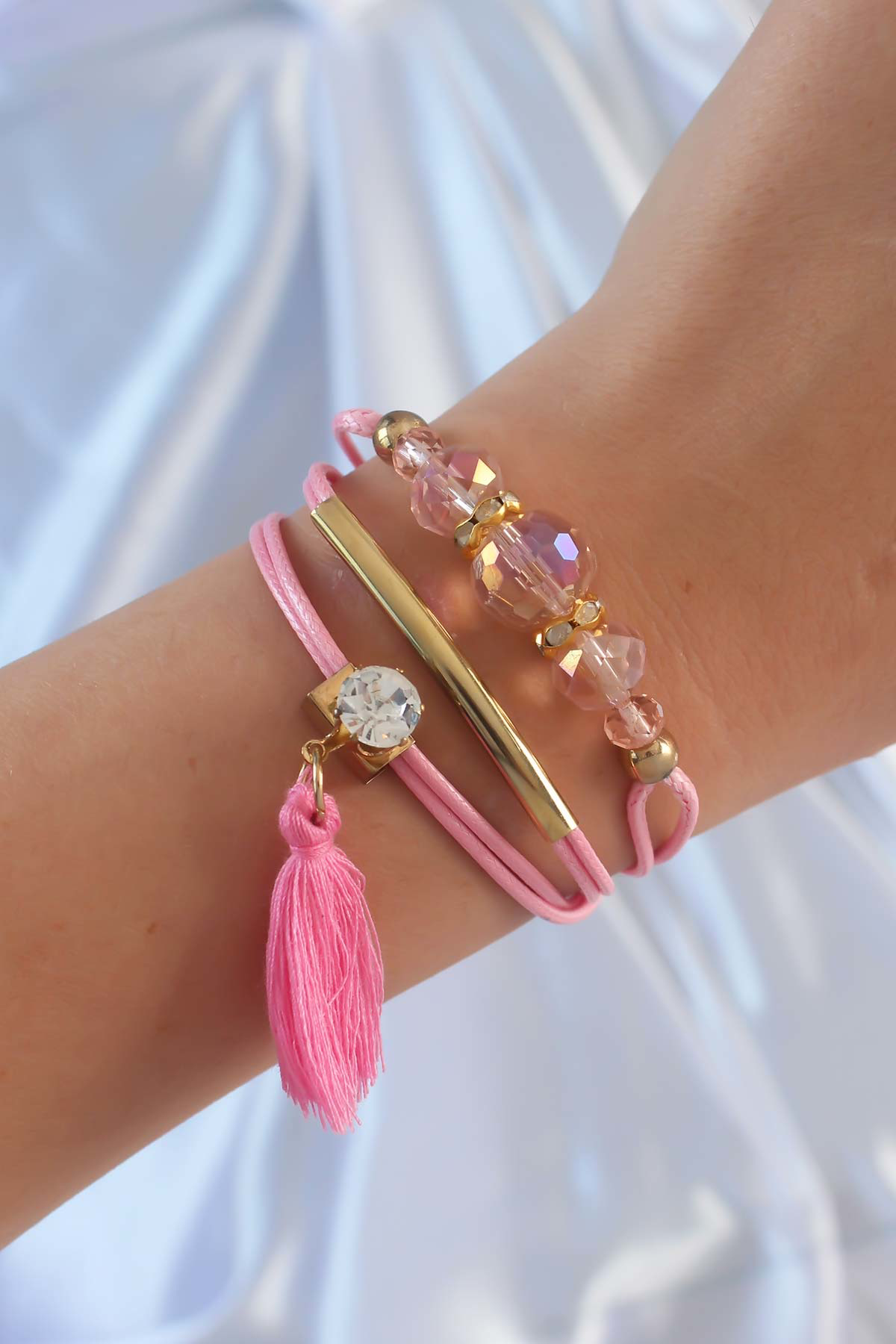 Pembe Renk Zirkon Taşlı İpli Püskül Detay Çoklu Bileklik - TJ-BB6