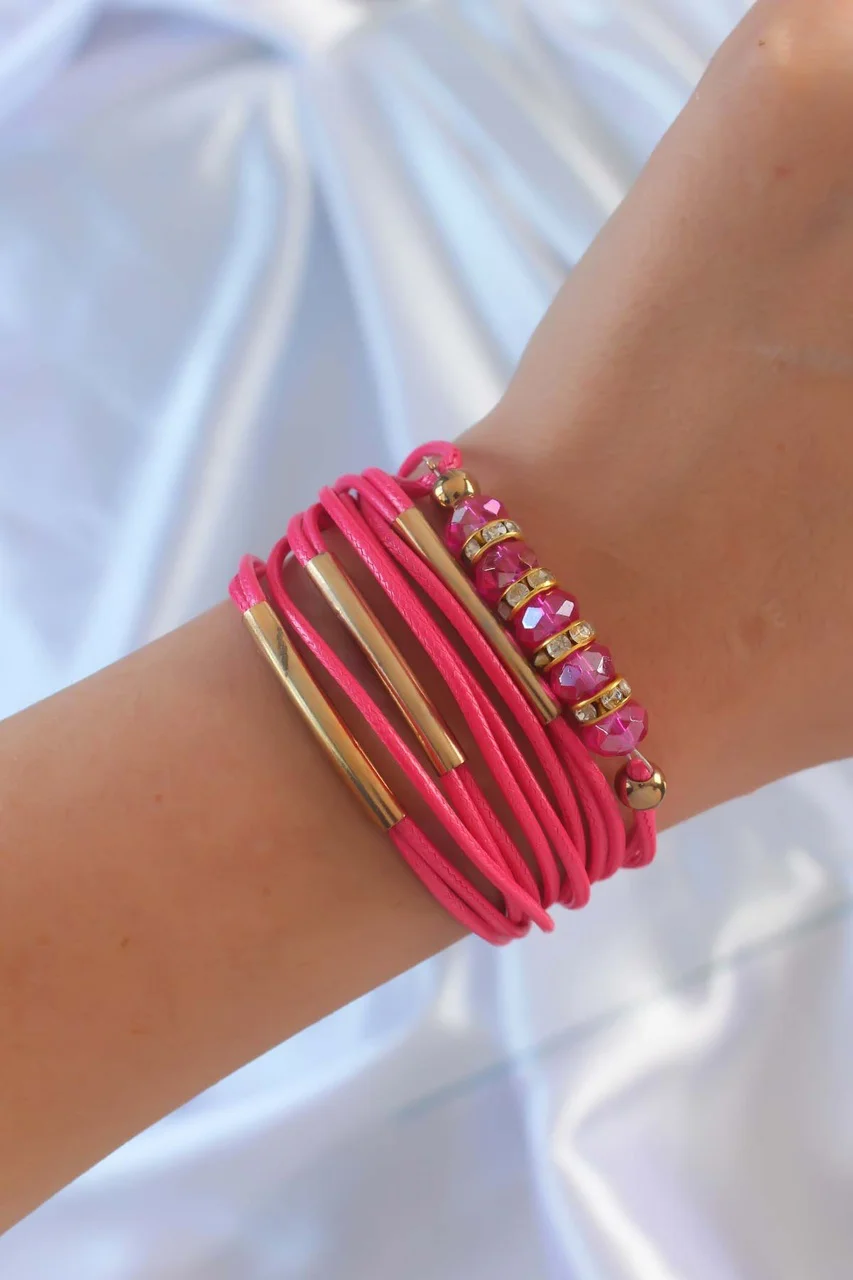 Pembe Renk Zirkon Taşlı Metal Aksesuarlı İpli Çoklu Bileklik Tj-bb6357 Diğer