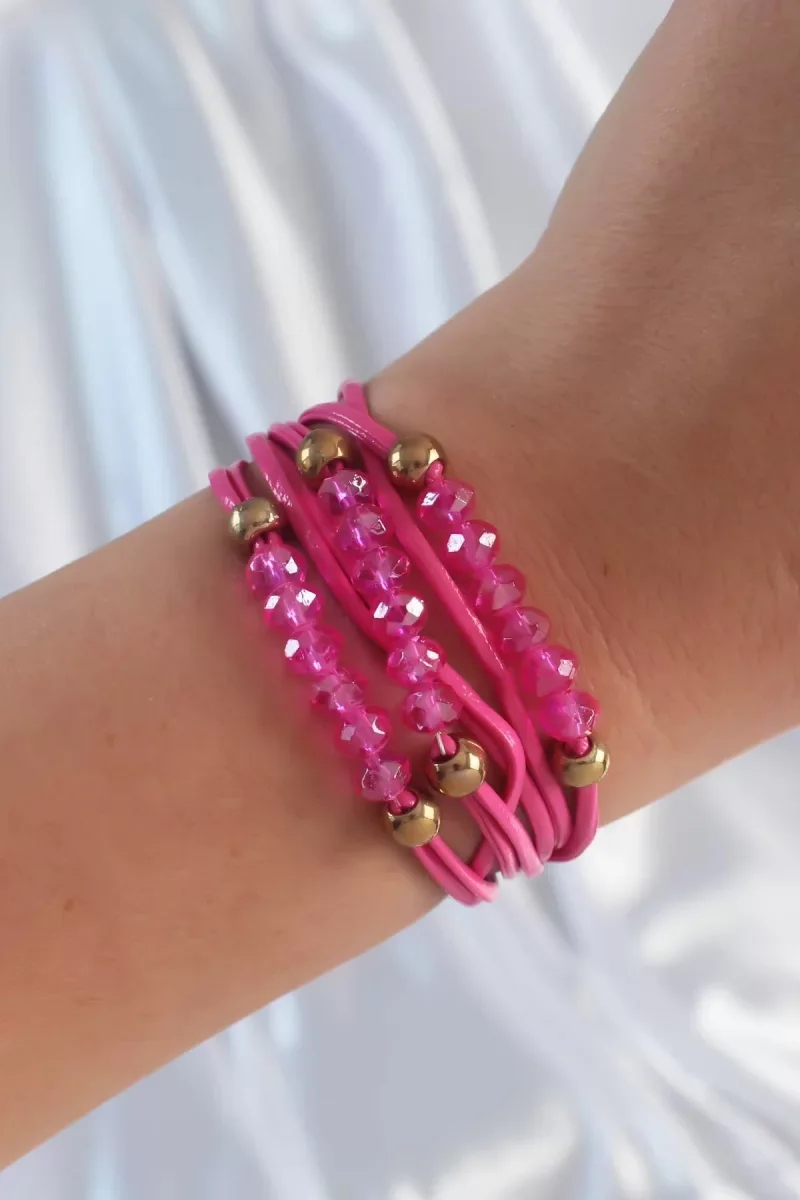 Pembe Renk Zirkon Taşlı İpli Çoklu Bileklik - Lisinya