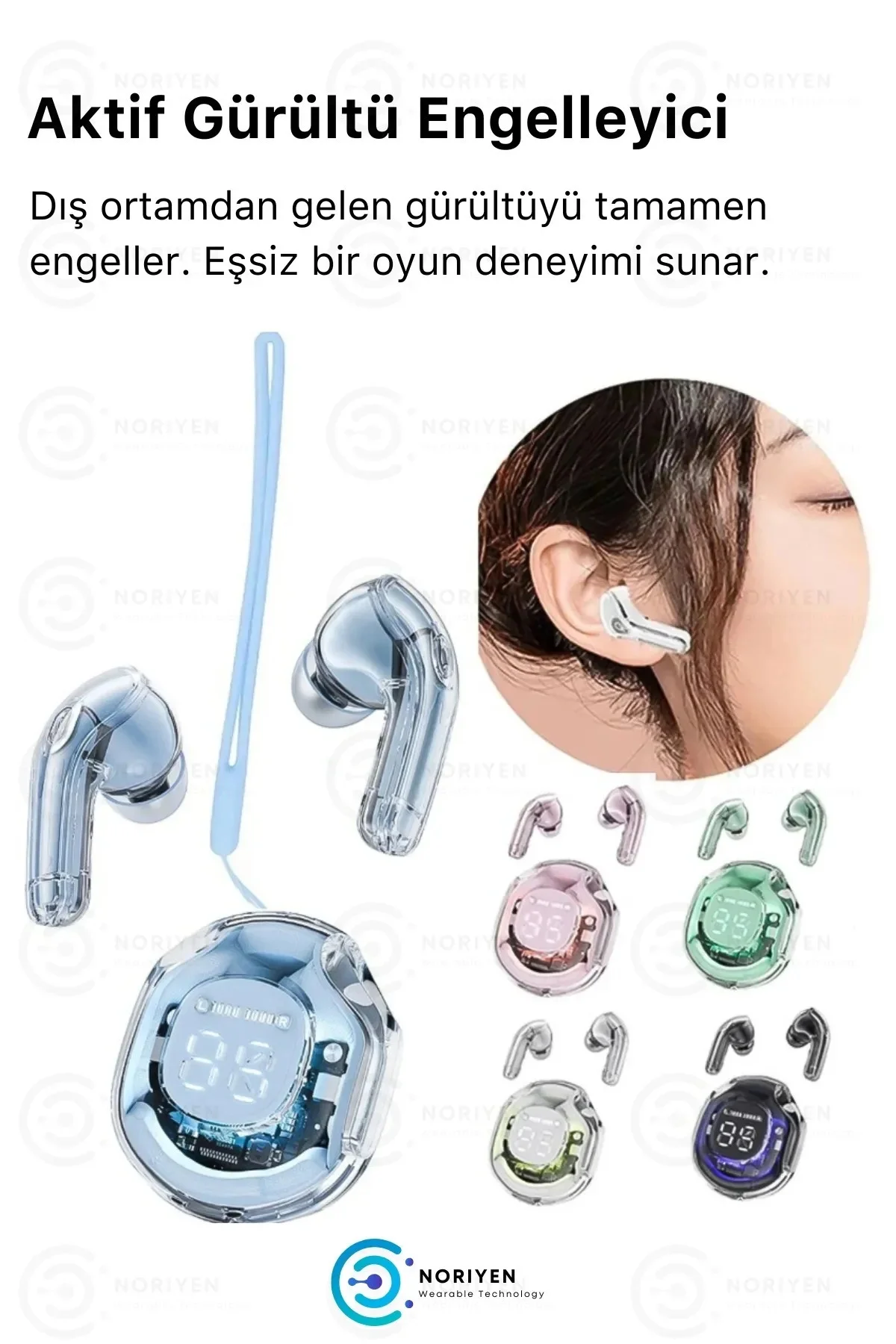 Pembe renkli, suya dayanıklı ve aktif gürültü önlemeli kablosuz kulaklık. Mikrofon özelliği bulunur.