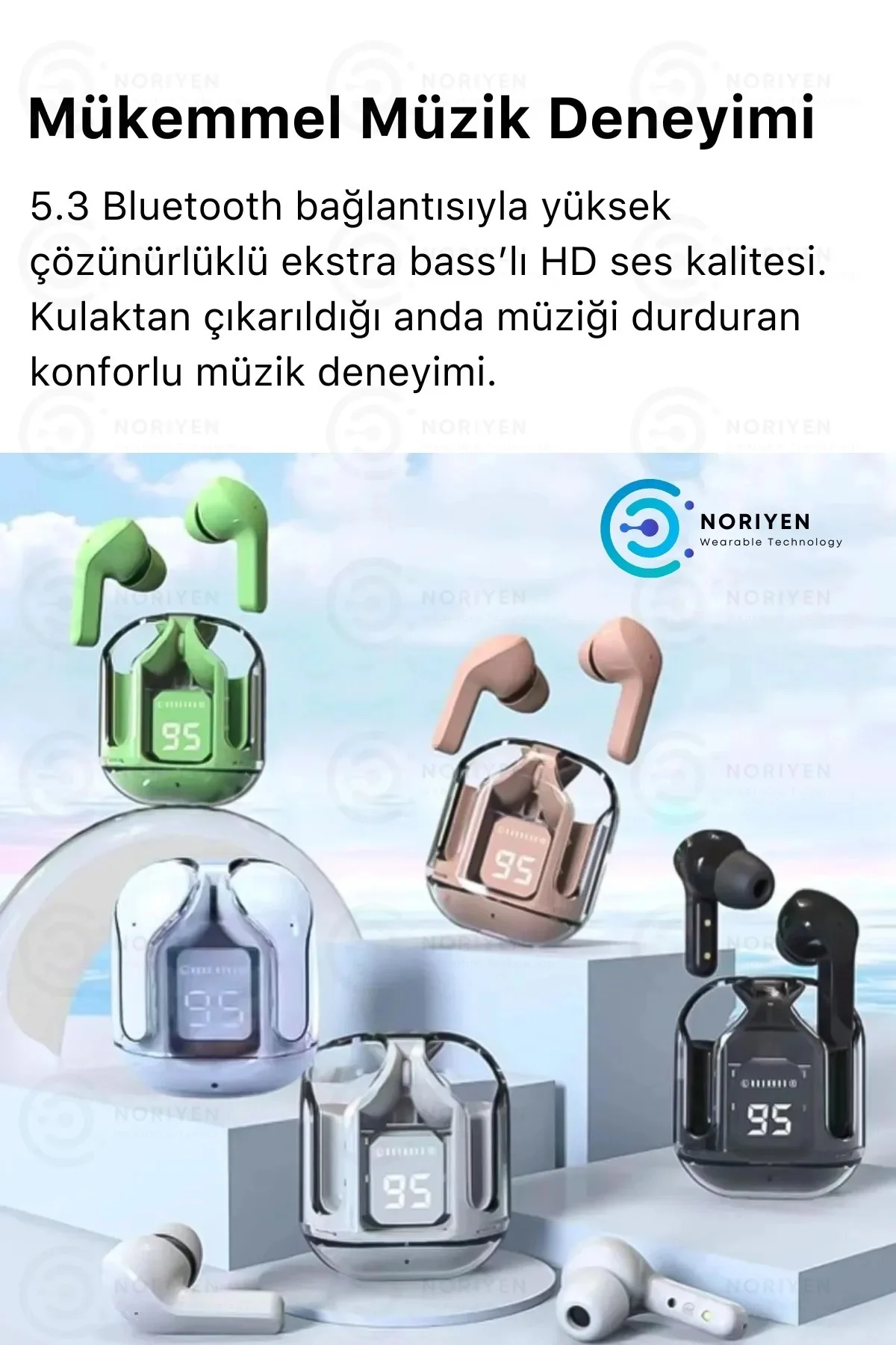Pembe renkli, suya dayanıklı ve aktif gürültü önlemeli kablosuz kulaklık. Mikrofon özelliği bulunur.