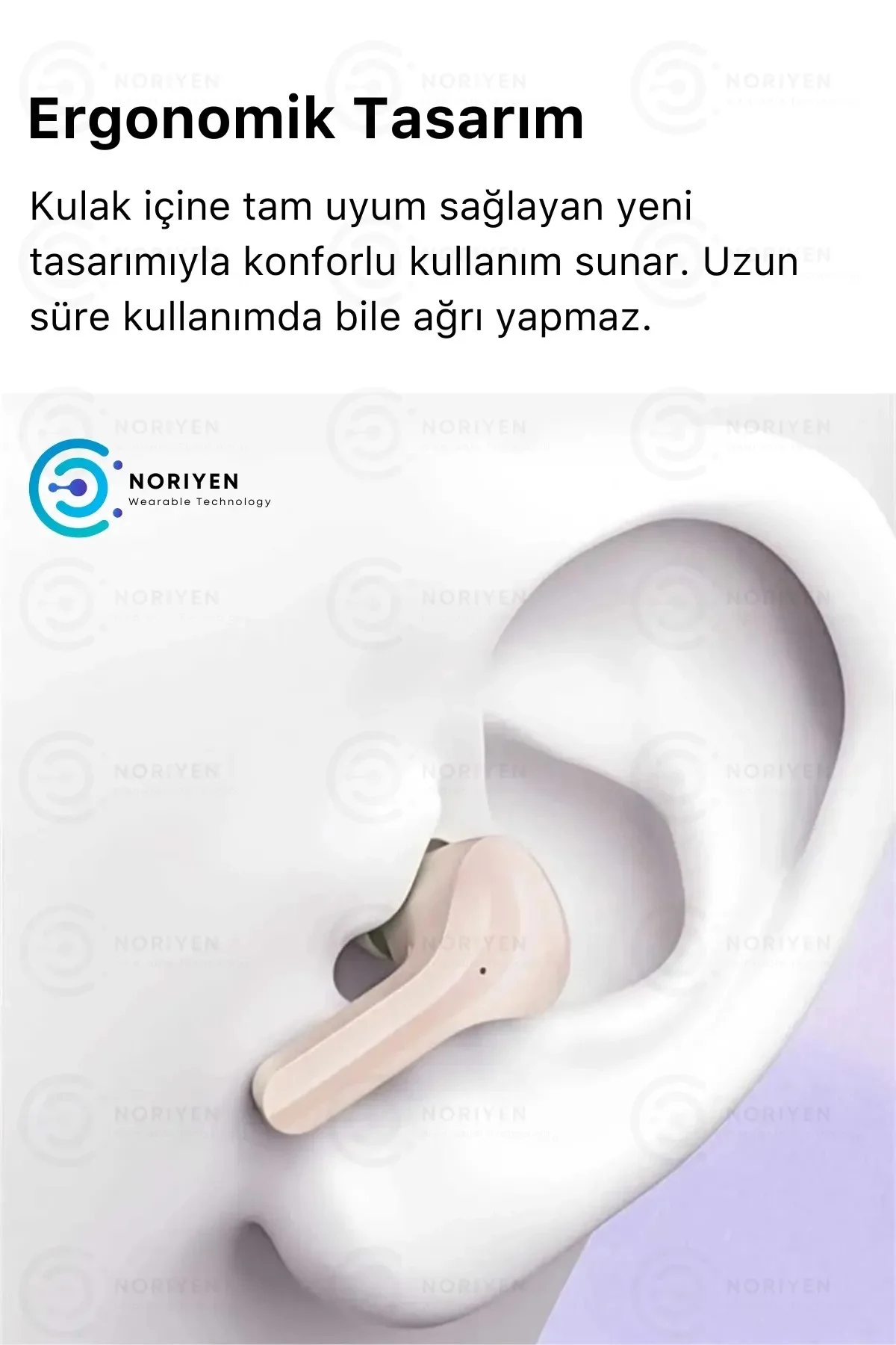 Pembe renkli, suya dayanıklı ve aktif gürültü önlemeli kablosuz kulaklık. Mikrofon özelliği bulunur.