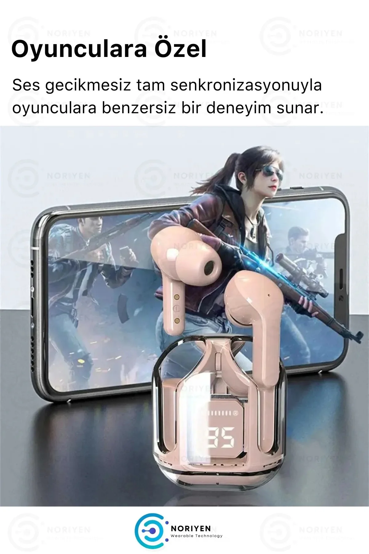 Pembe renkli, suya dayanıklı ve aktif gürültü önlemeli kablosuz kulaklık. Mikrofon özelliği bulunur.