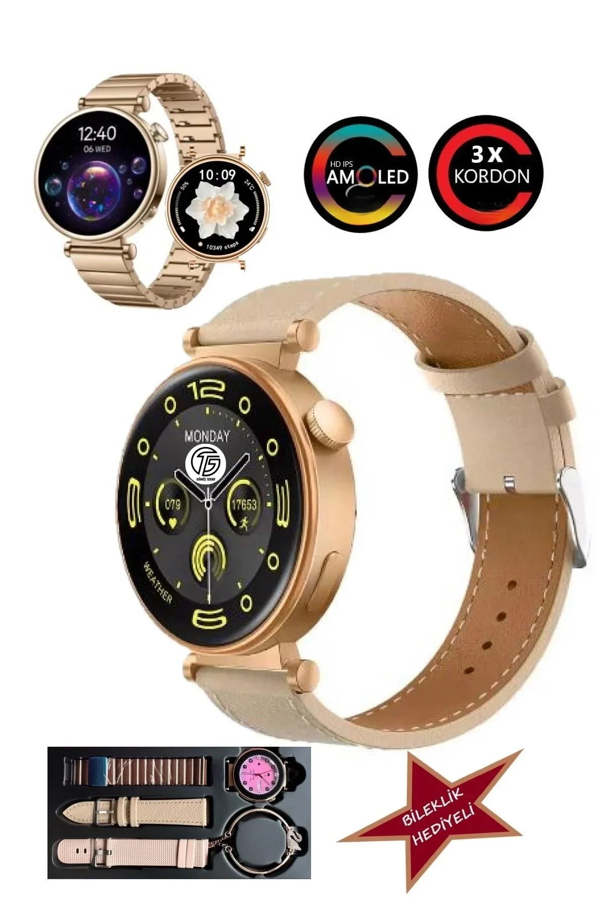Pembe Rose Gold Kasa ve Silikon Kordonlu Kadınlar İçin Akıllı Saat, AMOLED Ekran ve NFC Özellikli