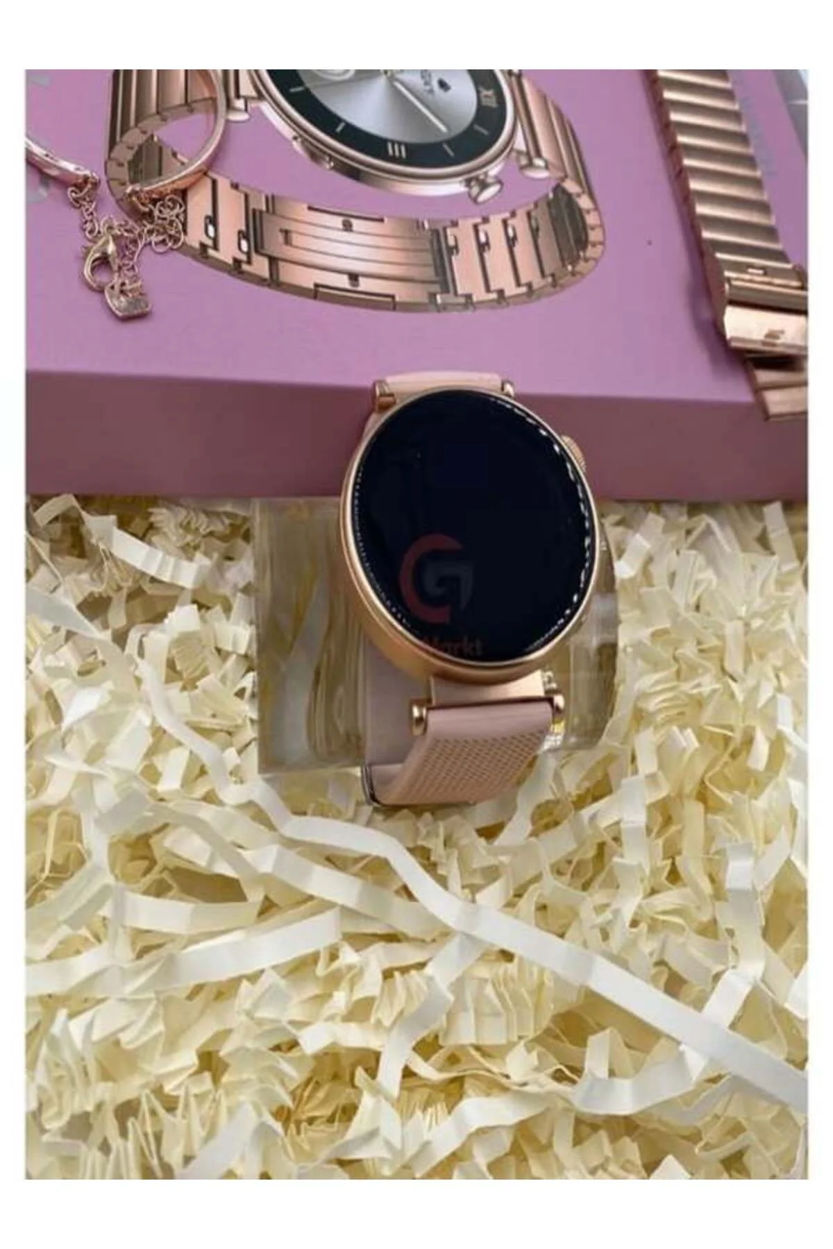 Pembe Rose Gold Kasa ve Silikon Kordonlu Kadınlar İçin Akıllı Saat, AMOLED Ekran ve NFC Özellikli