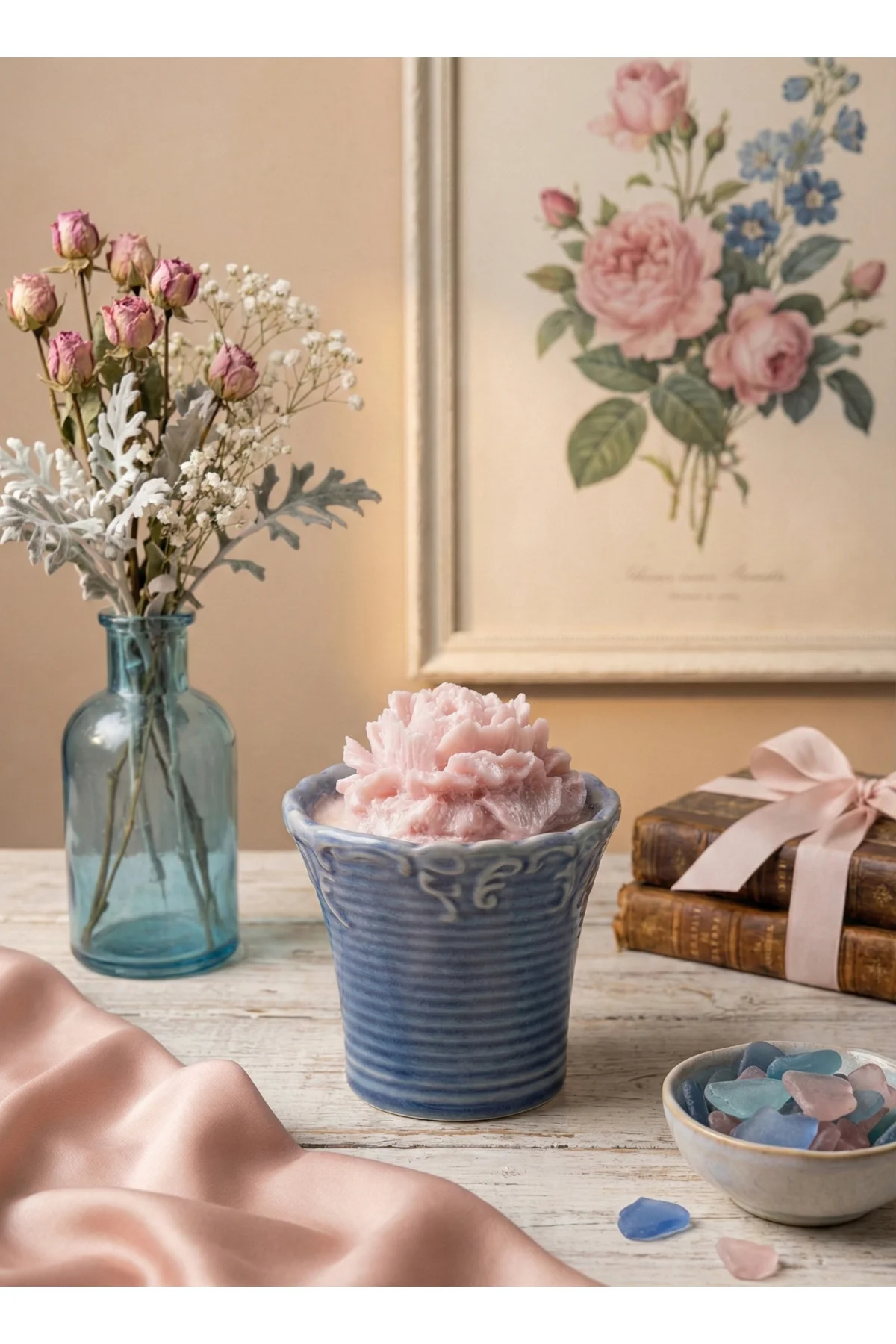 Pembe Simli Şakayık Şekilli Seramik Soya Mum