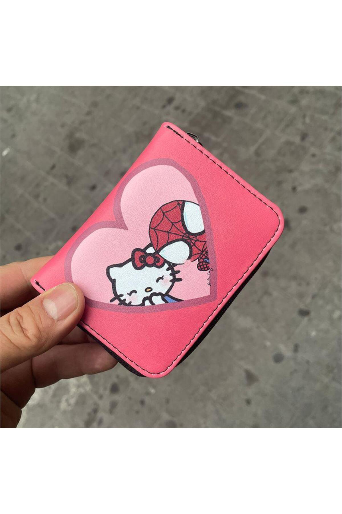 Pembe Spider-Man And Hello Kitty Love Kısa Cüzdan