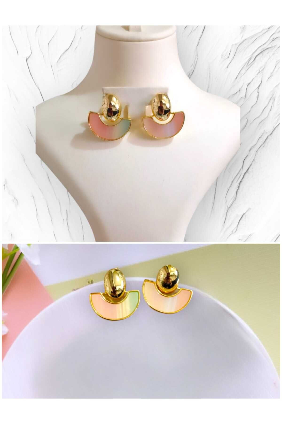 Bijuteri Küpe Pembe Taşlı Akrilik Yarım Ay Küpe ( Çivi 925 Ayar)