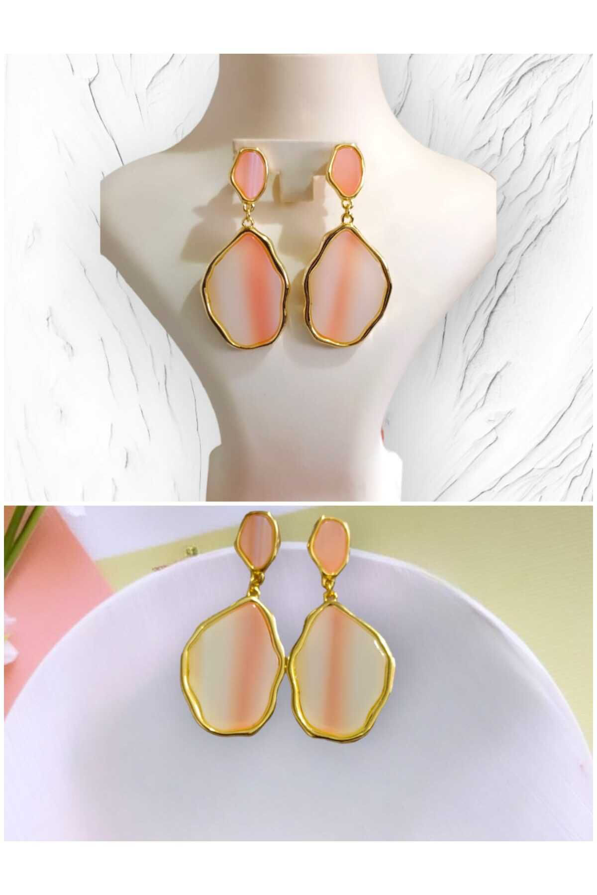 Bijuteri Küpe Pembe Taşlı Akrilik Tarz Küpe ( Çivi 925 Ayar)