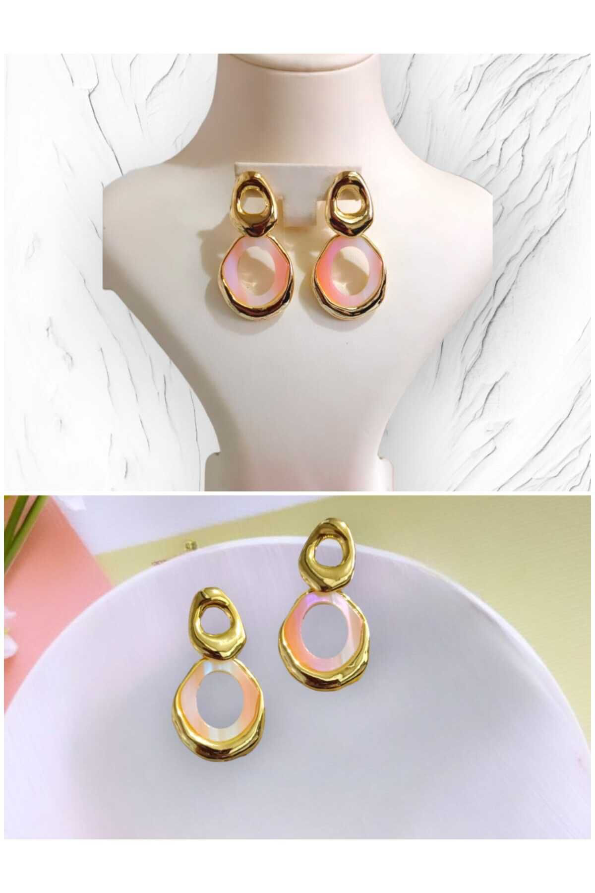Pembe Taşlı Gold Akrilik Tarz Küpe ( Çivi 925 Ayar)
