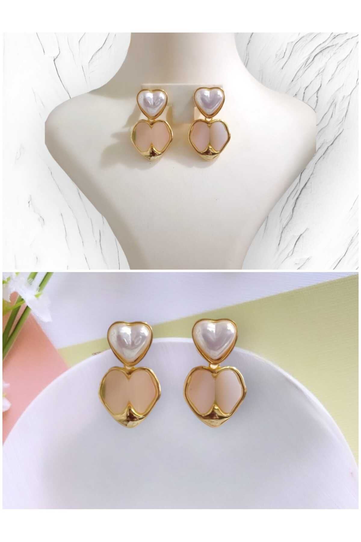 Bijuteri Küpe Pembe Taşlı İncili Akrilik Tarz Küpe( Çivi 925 Ayar)