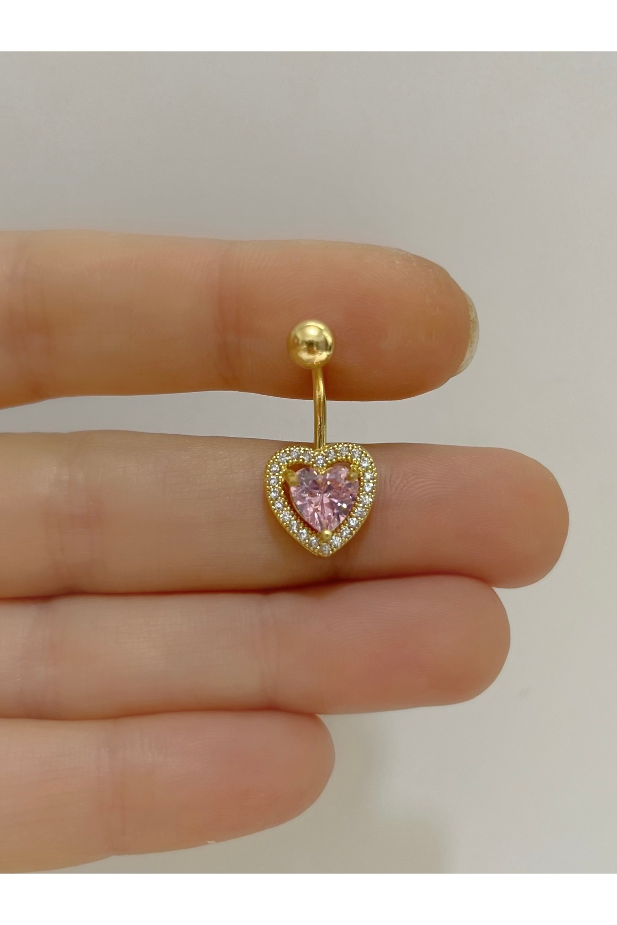 Pembe taşlı kalpli gold renk çelik göbek piercingi