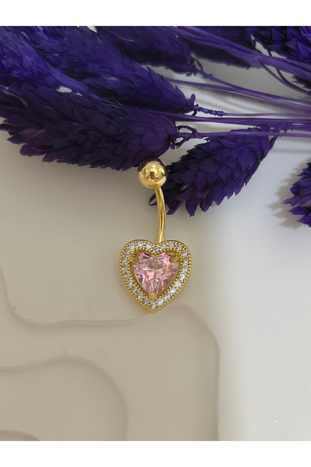 Pembe taşlı kalpli gold renk çelik göbek piercingi