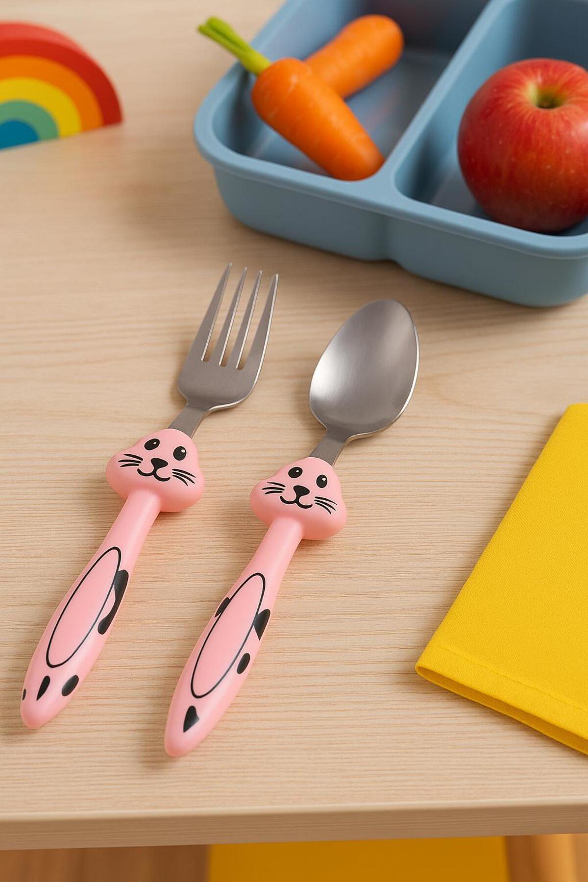 PEMBE Tavşan Figürlü Çocuk Çatal Kaşık Seti Paslanmaz Çelik Bebek