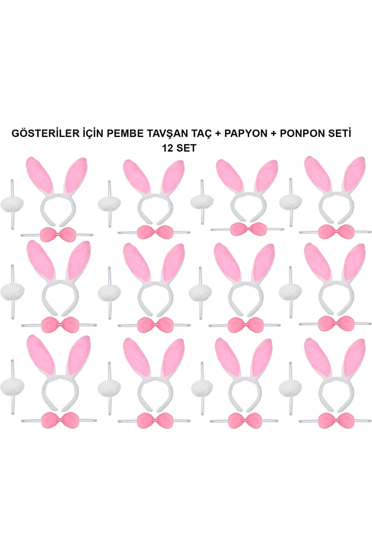 Pembe Tavşan Kostüm Seti – Taç, Papyon, Ponpon (12’Li Paket) Pembe Tavşan Kostüm Seti – Taç, Papyon, Ponpon (12’Li Paket)