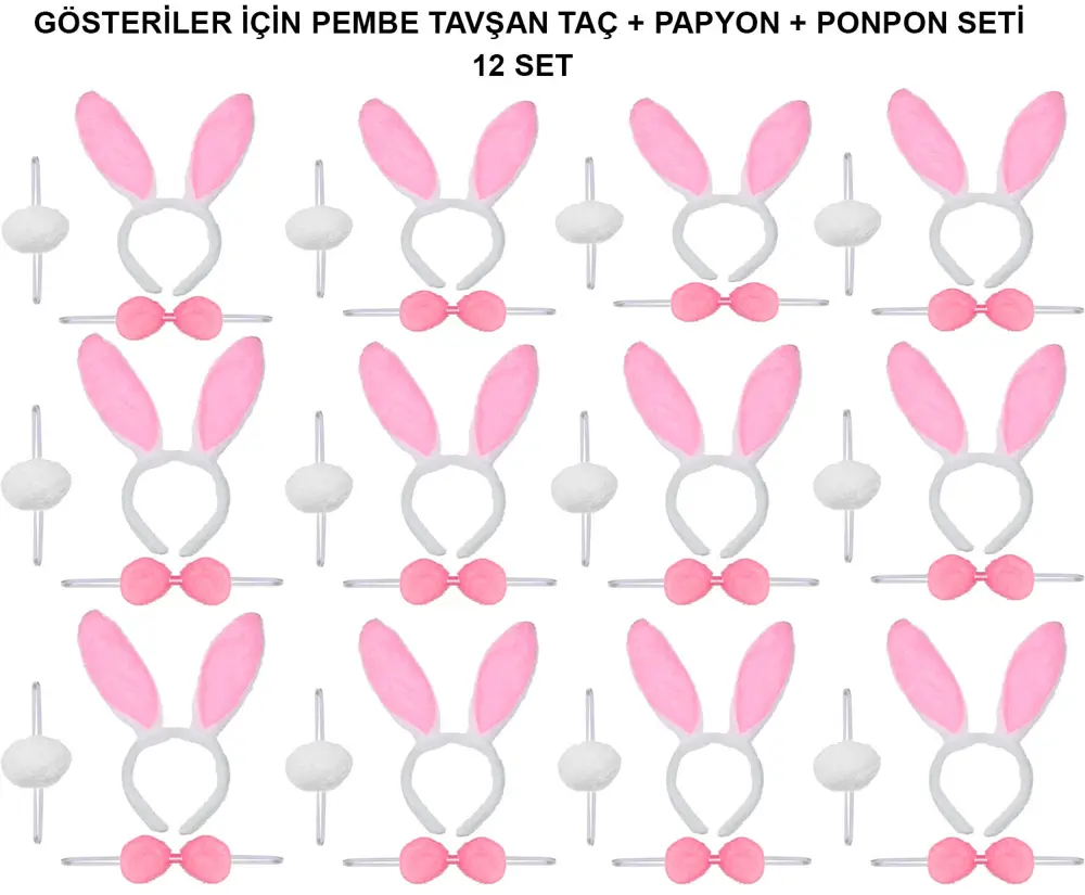 Pembe Tavşan Kostüm Seti – Taç, Papyon, Ponpon (12’li Paket) (474 Pembe Tavşan Kostüm Seti – Taç, Papyon, Ponpon (12’li Paket) (474