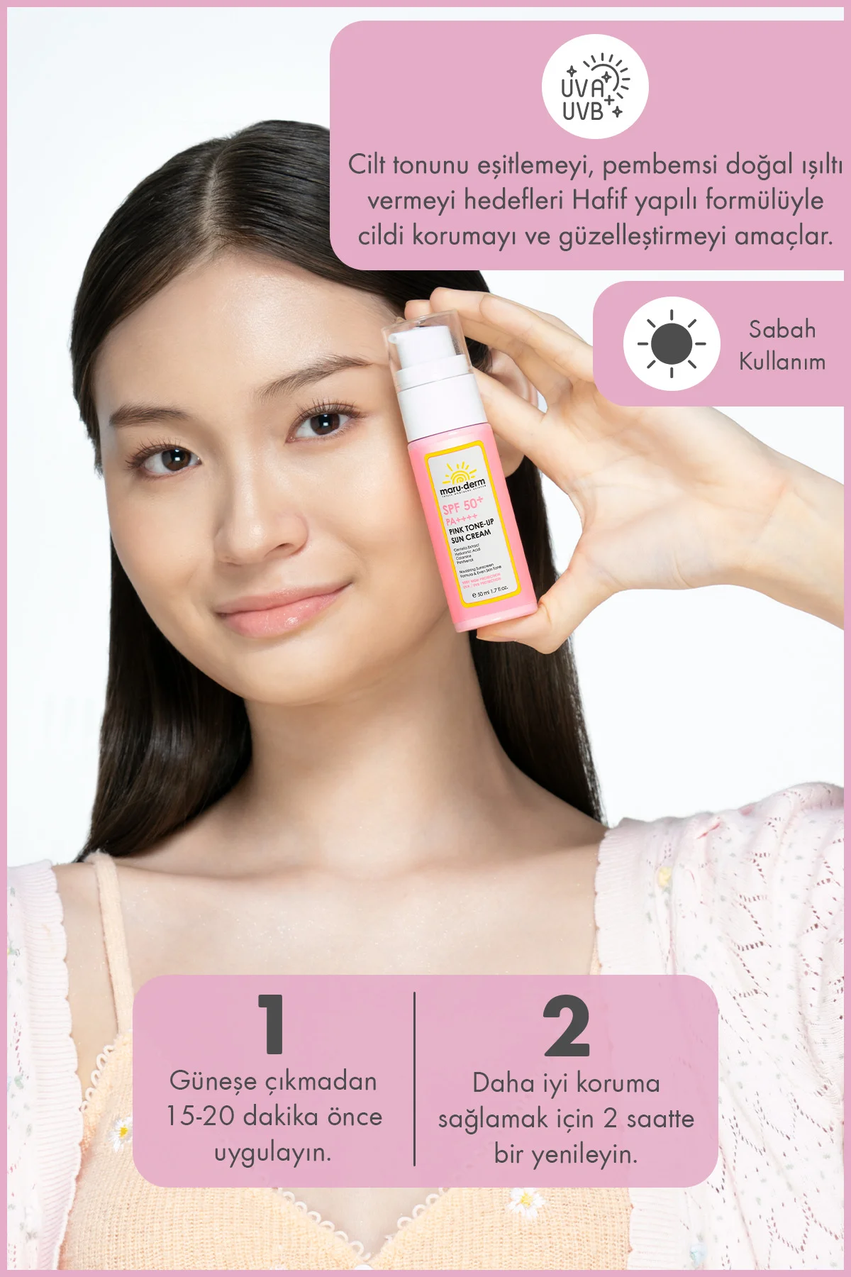 Pembe Ton Eşitleyici (Pink Tone-Up) Güneş Kremi SPF 50+ PA++++ | Yeni Nesil Kore Filtreli 50 ML