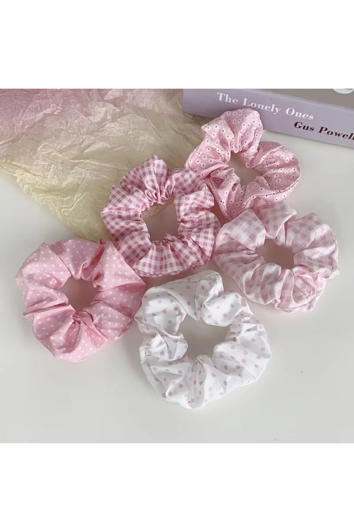 Pembe Tonlarında Puantiyeli ve Ekoseli Kumaş Toka Seti, Sevimli ve Şık Lastikli Scrunchie Saç Tokası - Görsel 3