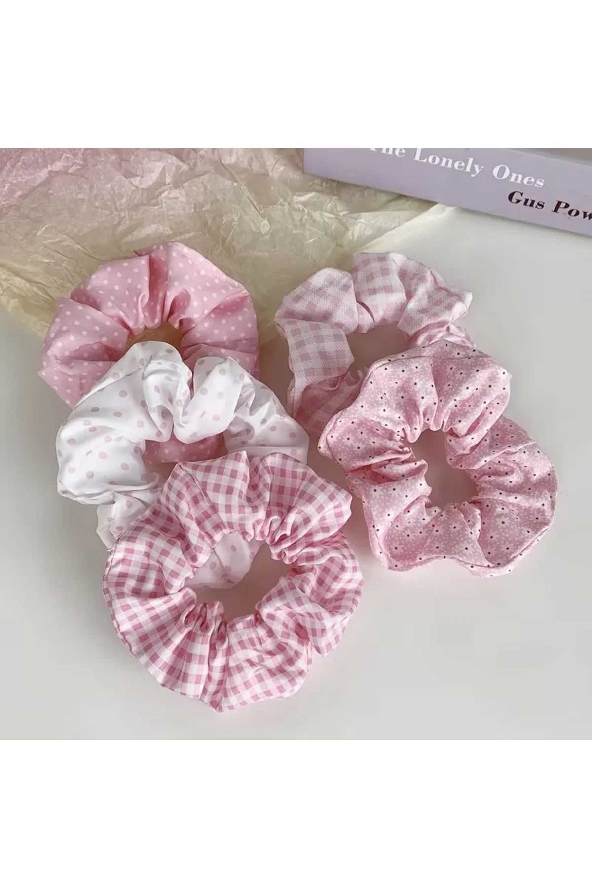 Pembe Tonlarında Puantiyeli ve Ekoseli Kumaş Toka Seti, Sevimli ve Şık Lastikli Scrunchie Saç Tokası - Görsel 2
