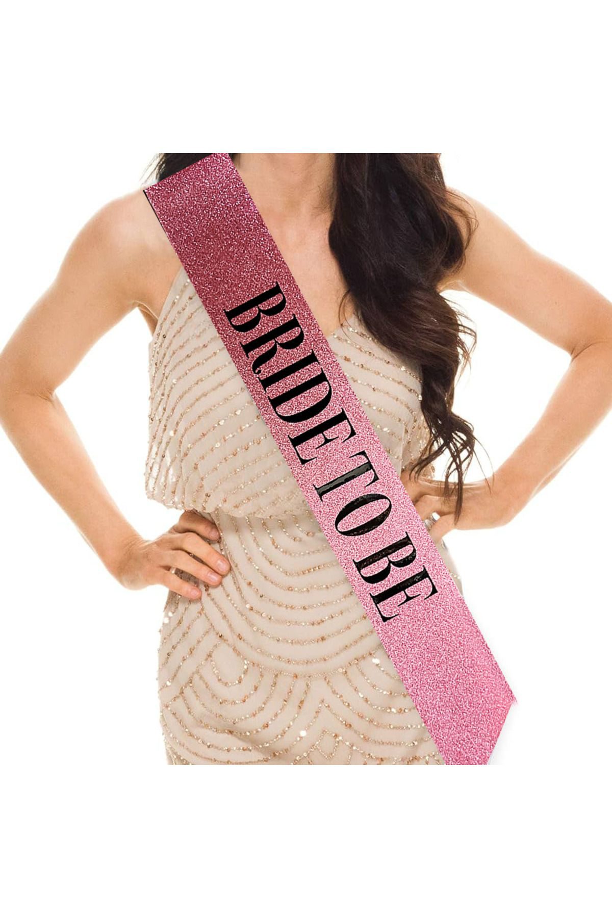 Ok Aksesuar Pembe Üzeri Siyah Büyük Bride To Be Yazılı Simli İşıltılı Kuşak K