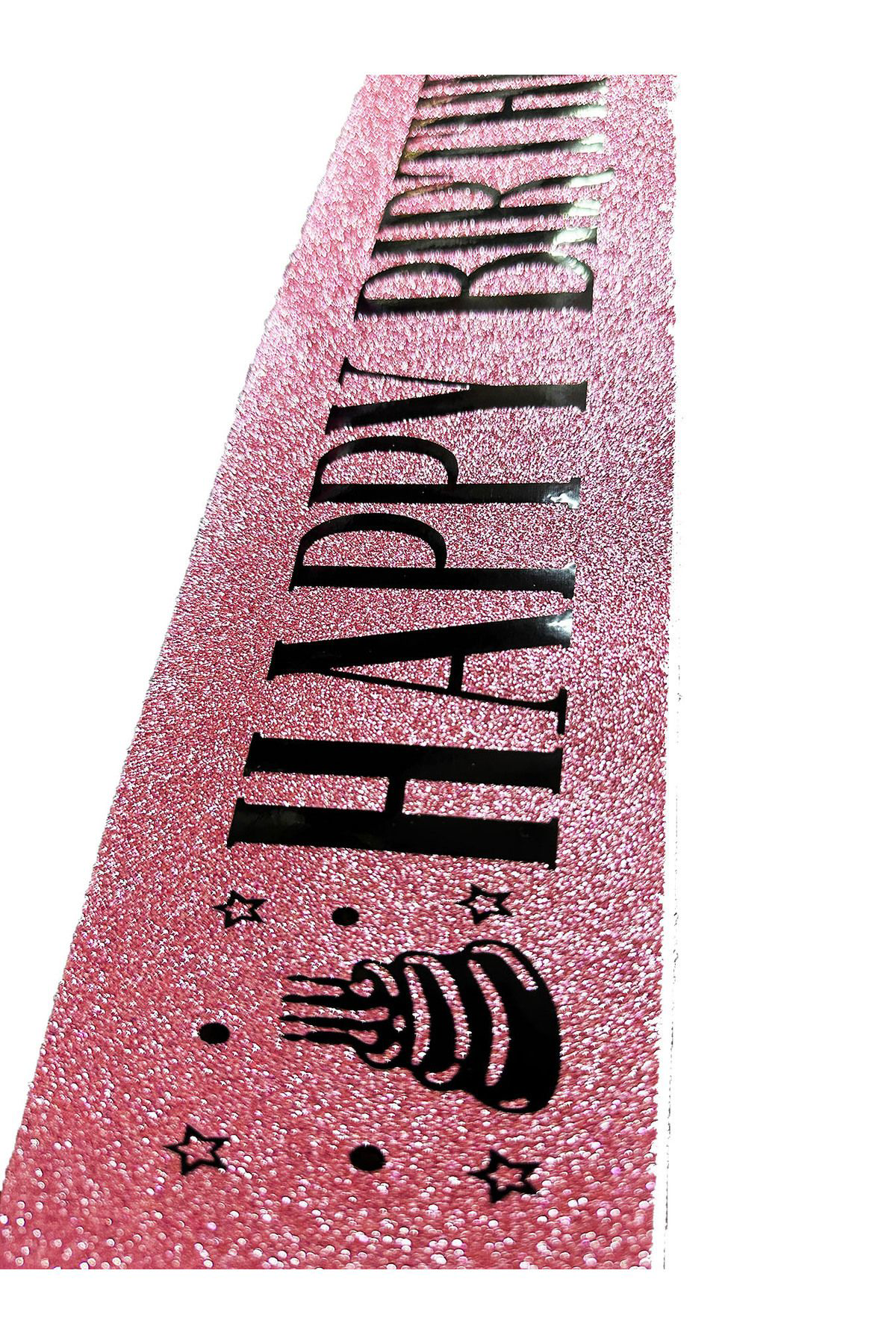 Ok Aksesuar Pembe Üzeri Siyah Büyük Happy Birthday Yazılı Simli İşıltılı Kuşa