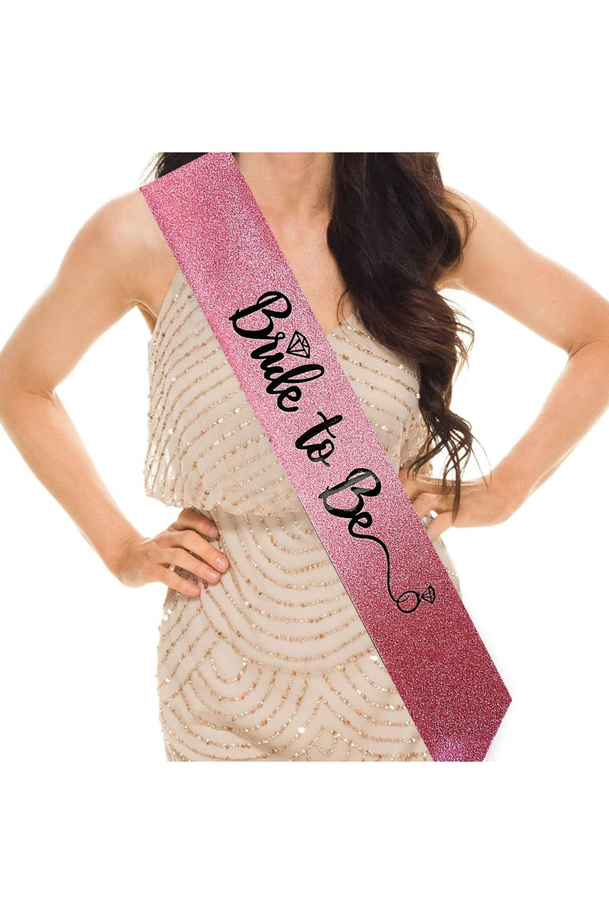 Ok Aksesuar Pembe Üzeri Siyah İtalik Alyanslı Bride To Be Yazılı Simli İşıltı
