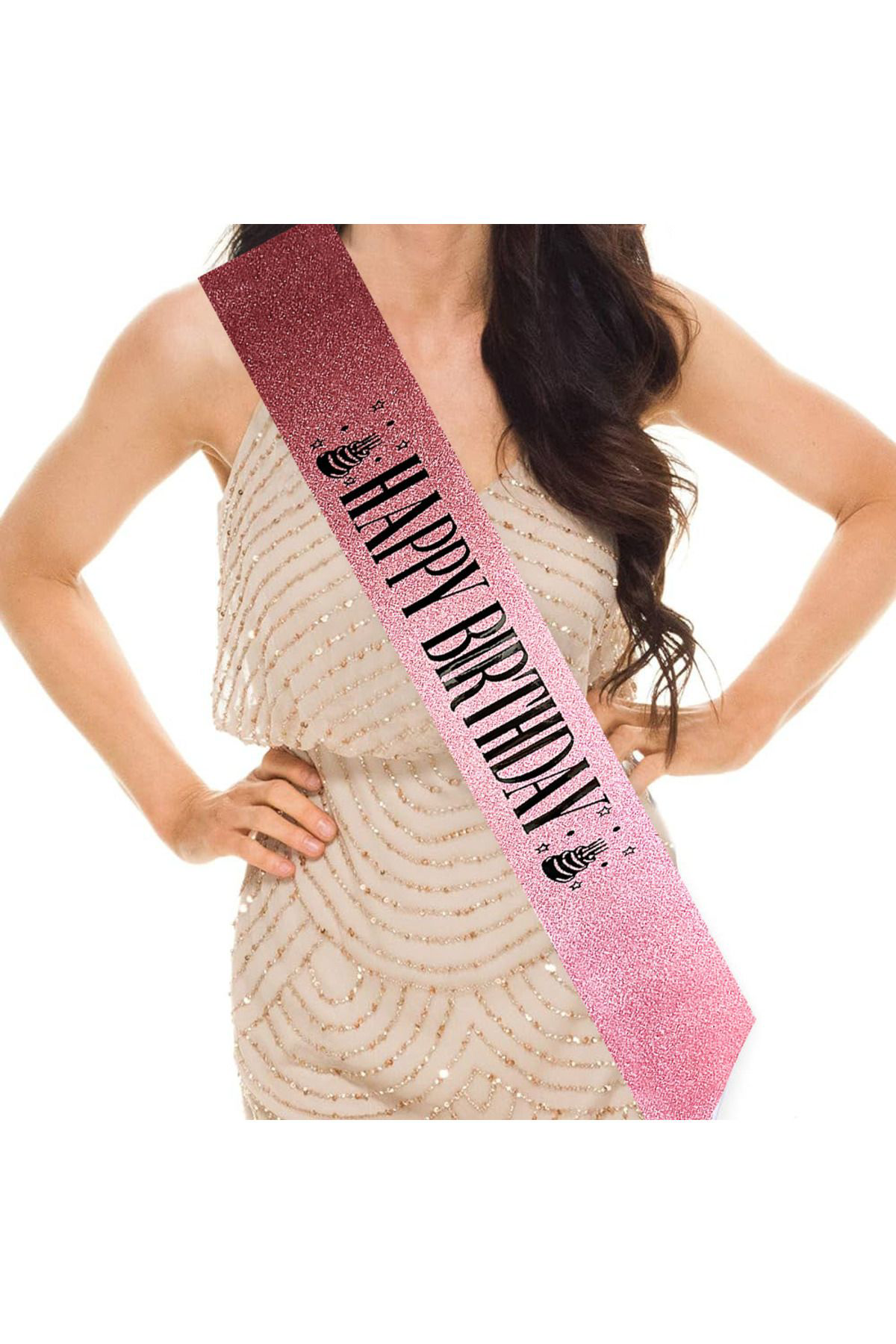 Ok Aksesuar Pembe Üzeri Siyah Büyük Happy Birthday Yazılı Simli İşıltılı Kuşa