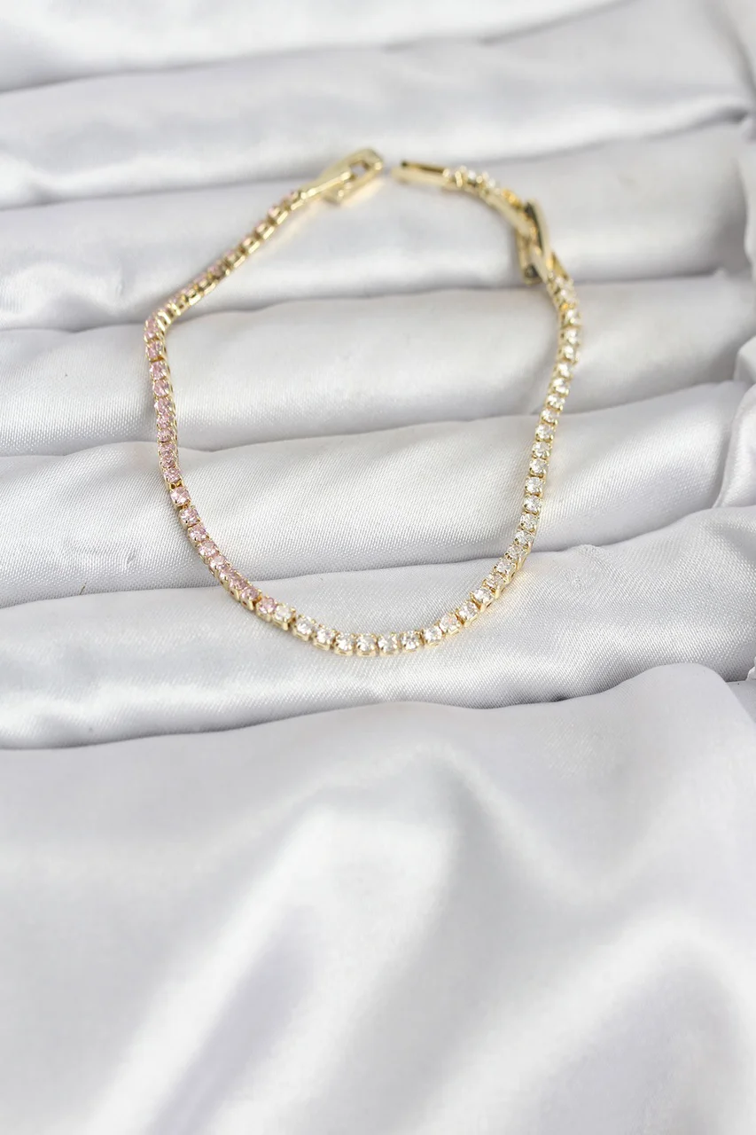 Pembe Ve Beyaz Zirkon Taşlı Gold Renk Su Yolu Kadın Bileklik - Lisinya Diğer