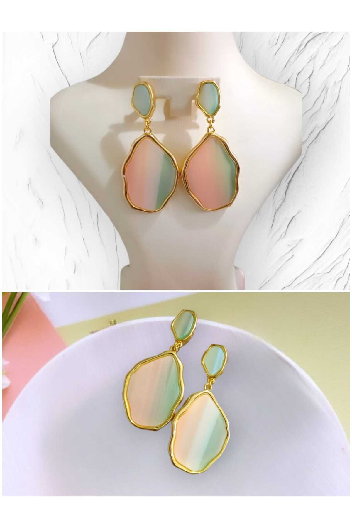 Bijuteri Küpe Pembe & Yeşil Taşlı Akrilik Tarz Küpe ( Çivi 925 Ayar)