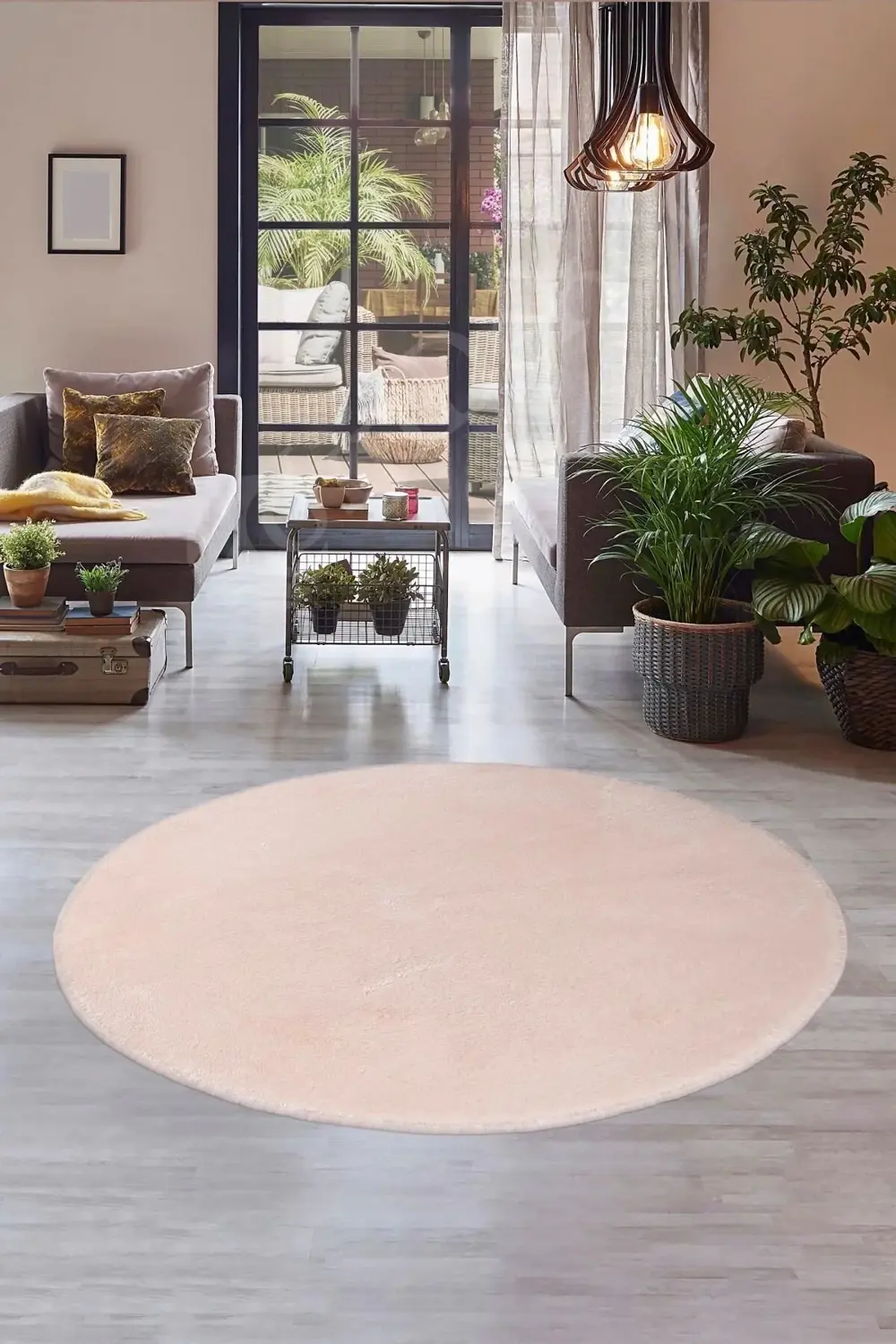Pembe Yuvarlak Post Dokuma Halı Peluş Yumuşacık Antibakteriyel Ço