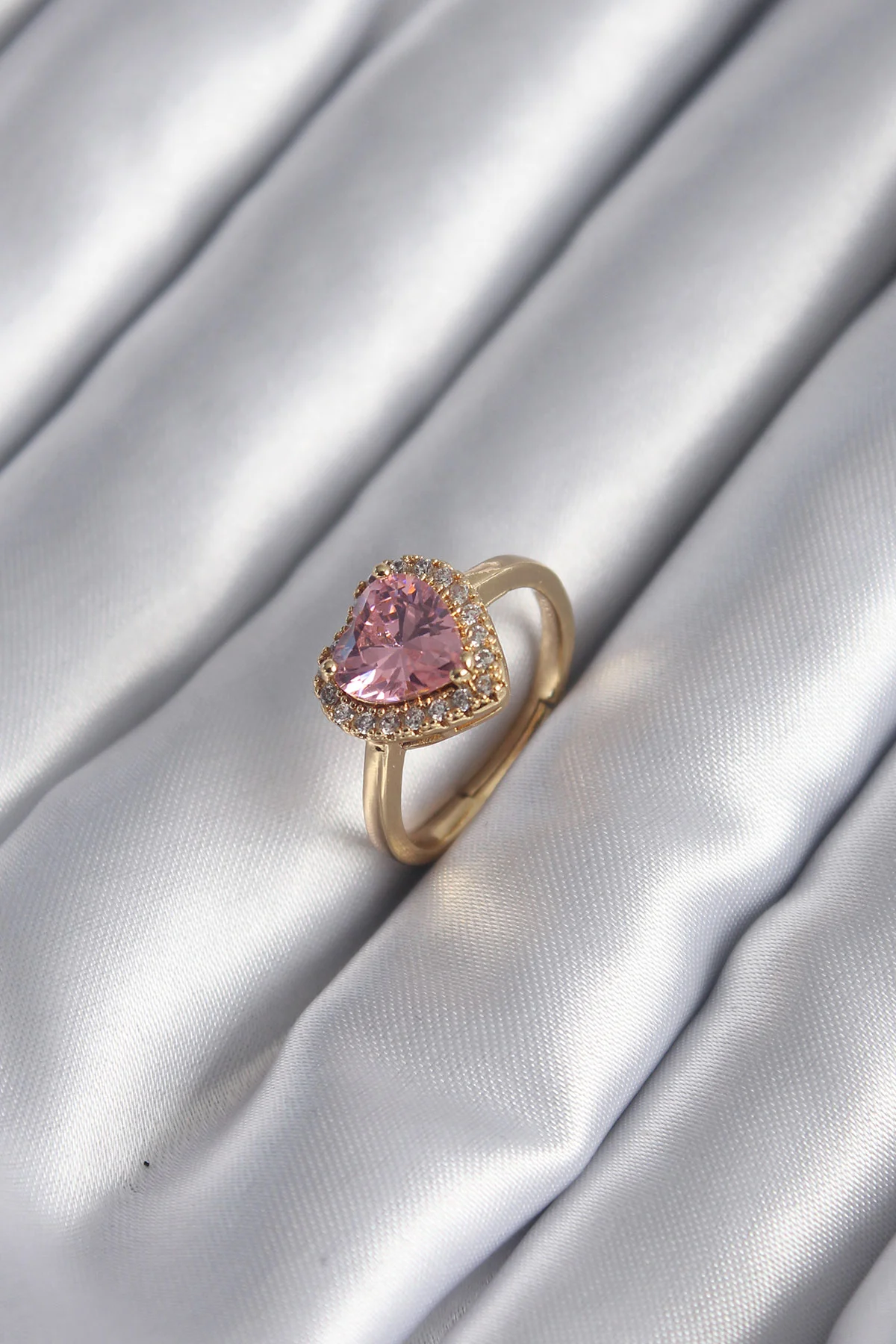 Pembe Zirkon Kalp Yüzük - Altın Renk Pirinç Günlük Kadın Takı