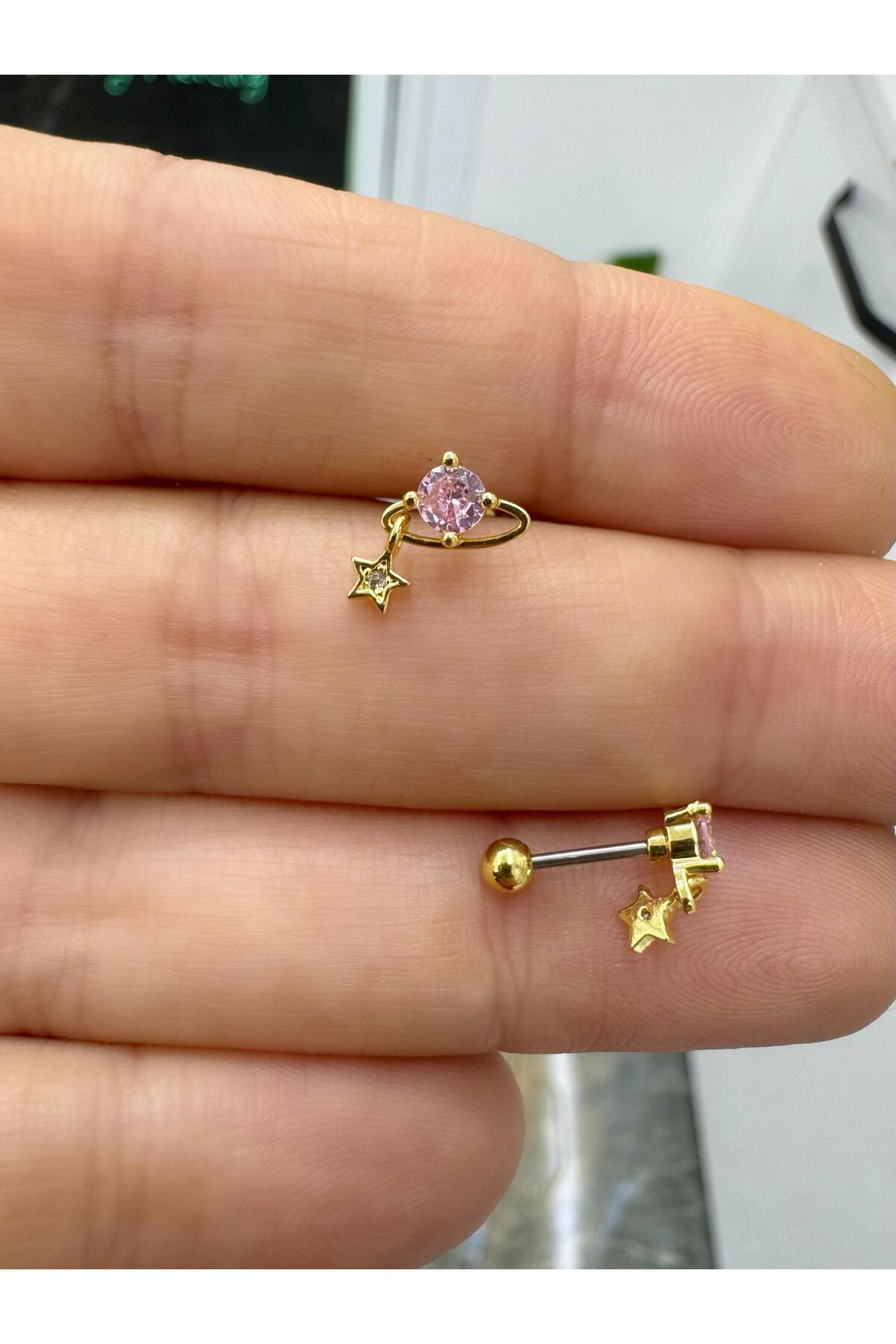 pembe zirkon taşlı 1 adet tragus helix lobe conch flat uyumlu pie