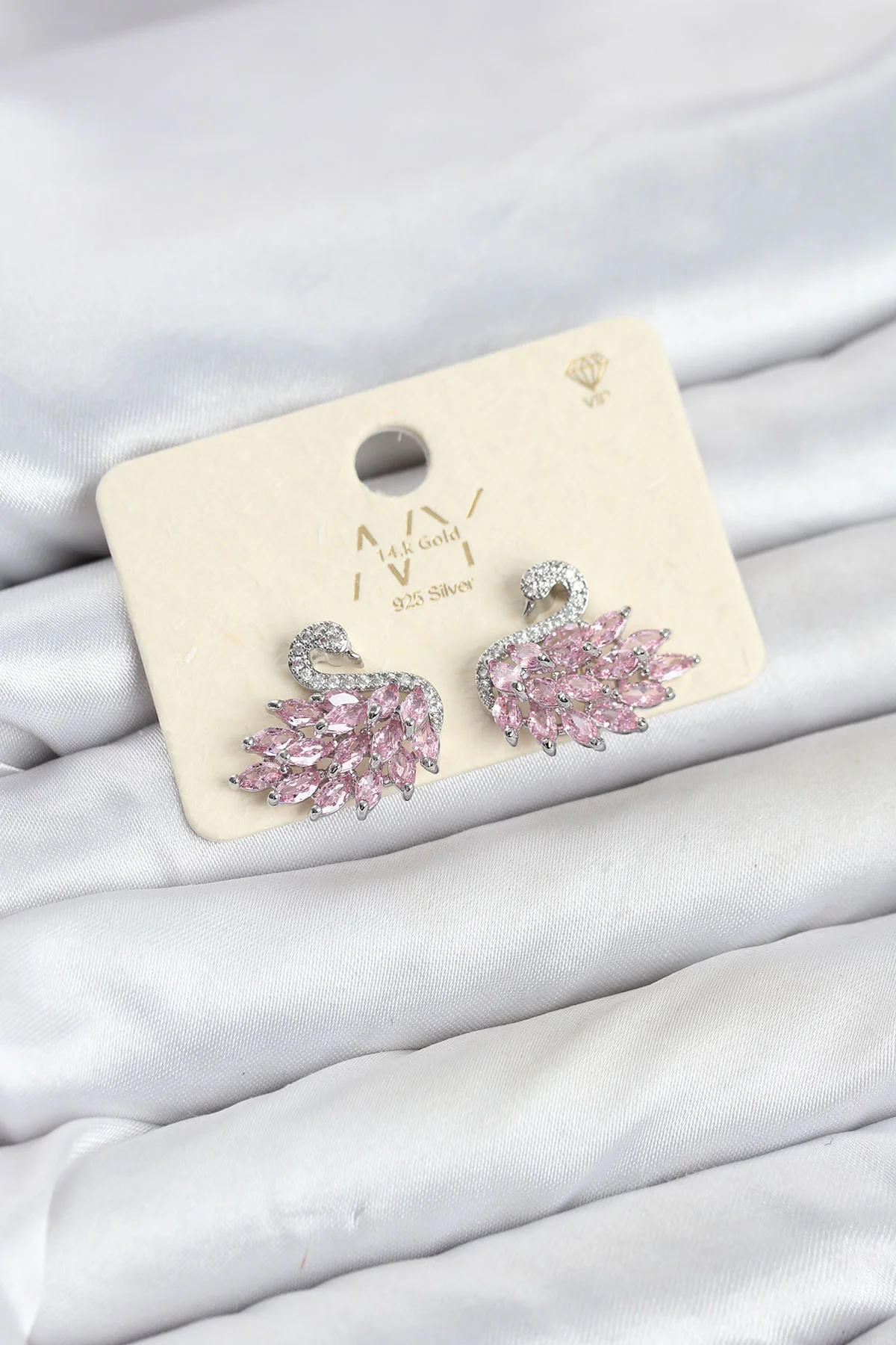 Pembe Zirkon Taşlı Gümüş Swan Kuğu Model Kadın Küpe TJ-BKP11941
