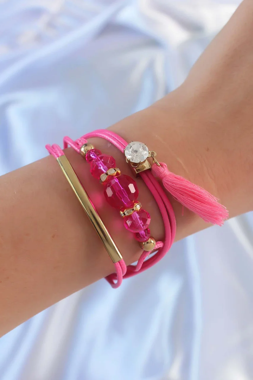 Pembe Zirkon Taşlı İpli Püskül Detay Çoklu Bileklik Tj-bb6360 Diğer