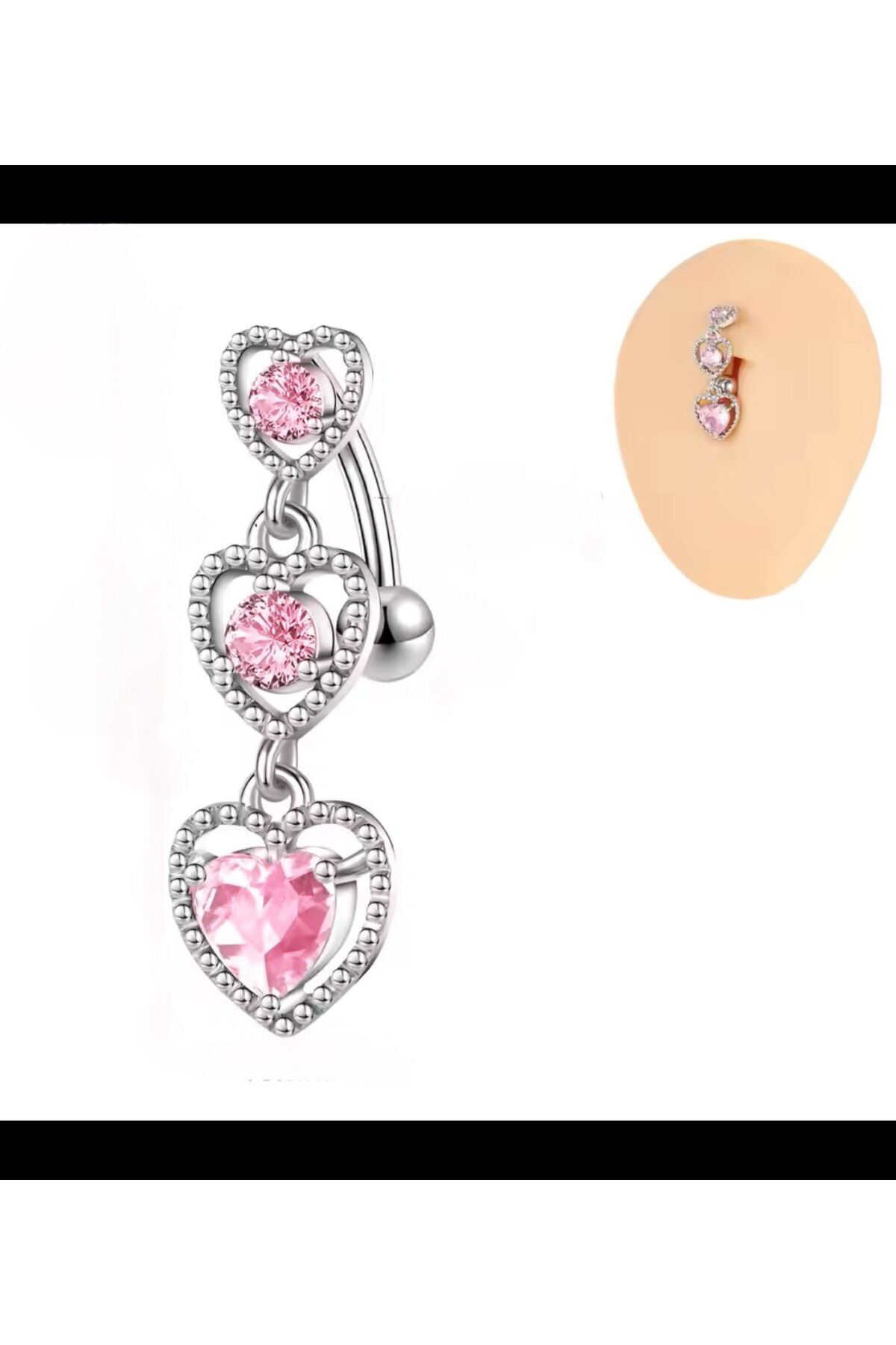 pembe zirkon taşlı kalpli çelik göbek piercingi