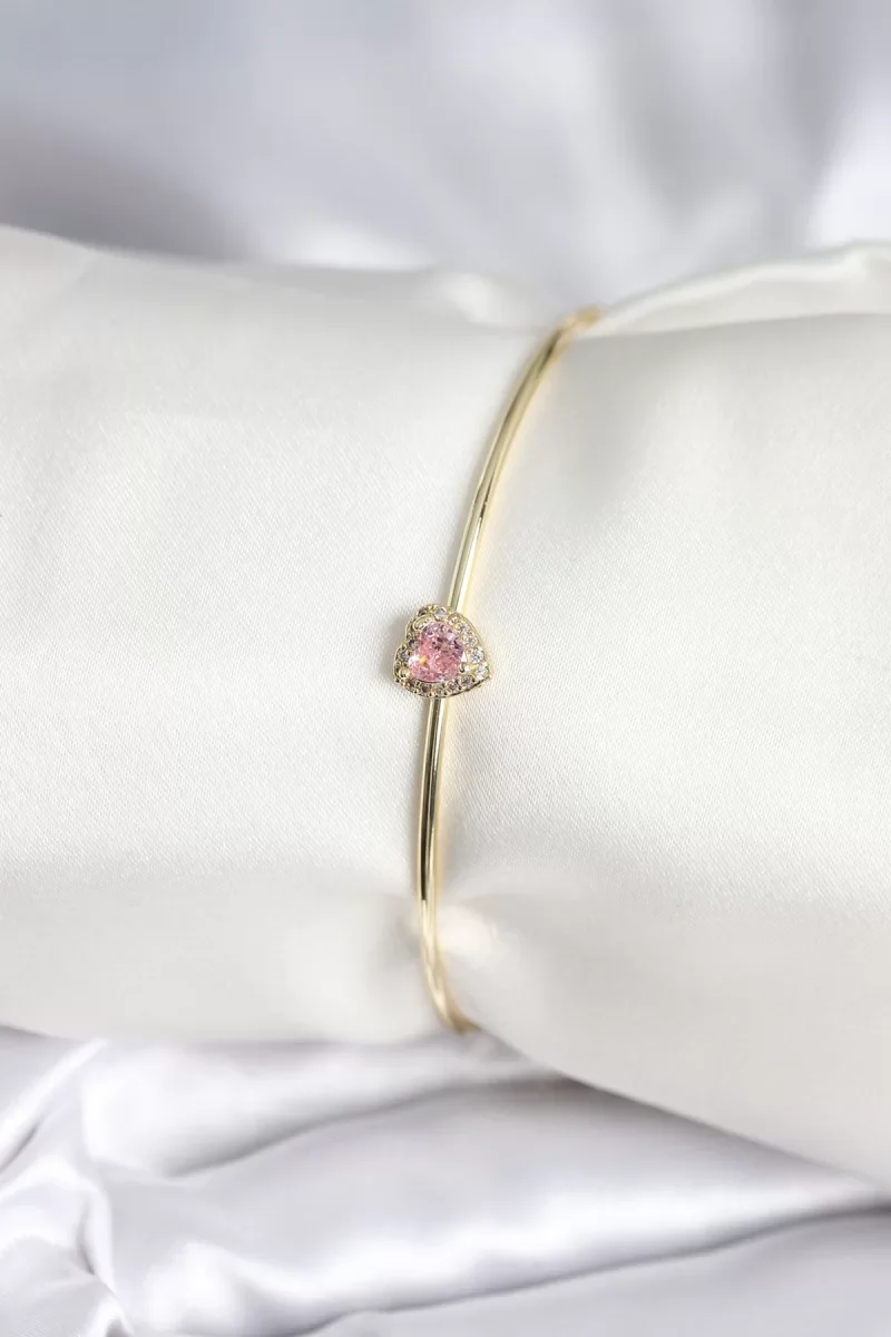 Pembe Zirkon Taşlı Kalp Model Gold Renk Kadın Bileklik - Lisinya