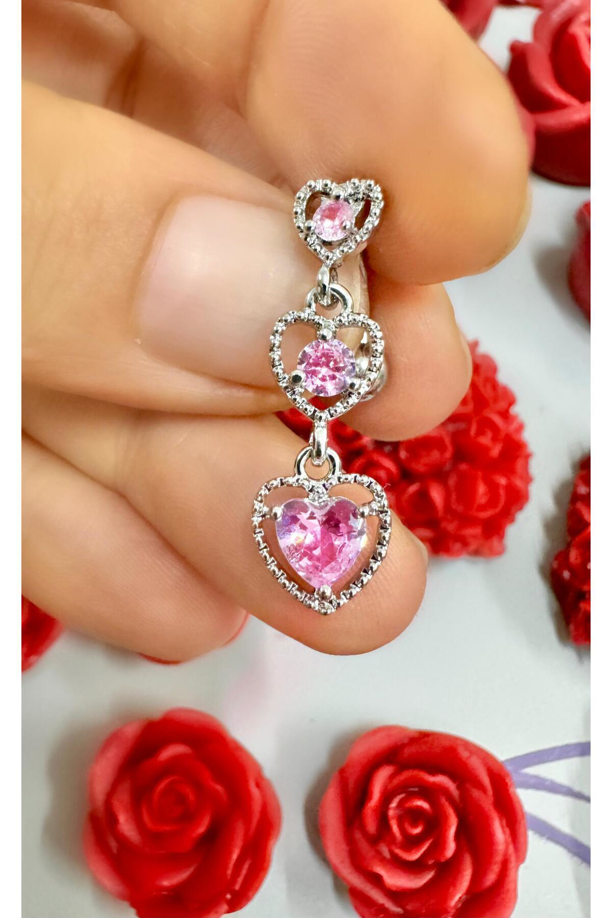 pembe zirkon taşlı kalpli çelik göbek piercingi