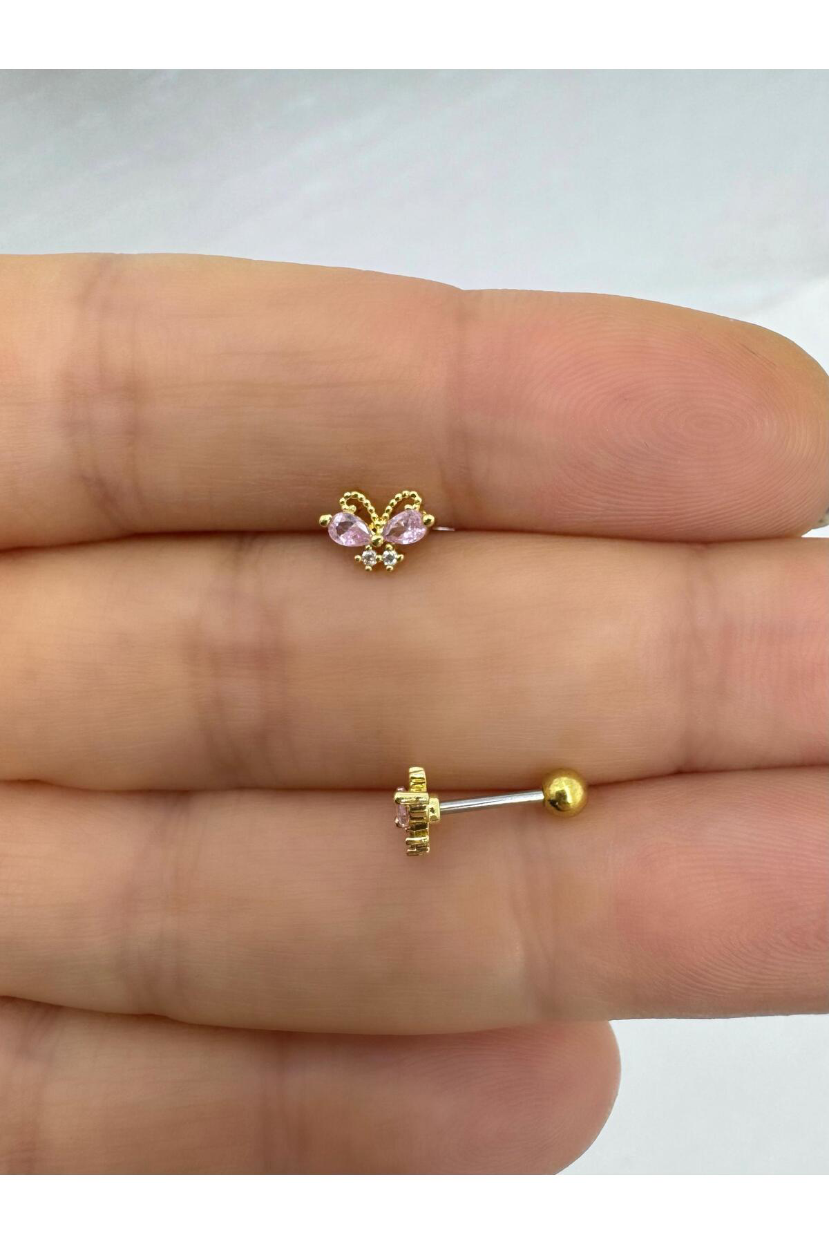 pembe Zirkon taşlı kelebek 1 adet tragus helix lobe conch flat lo