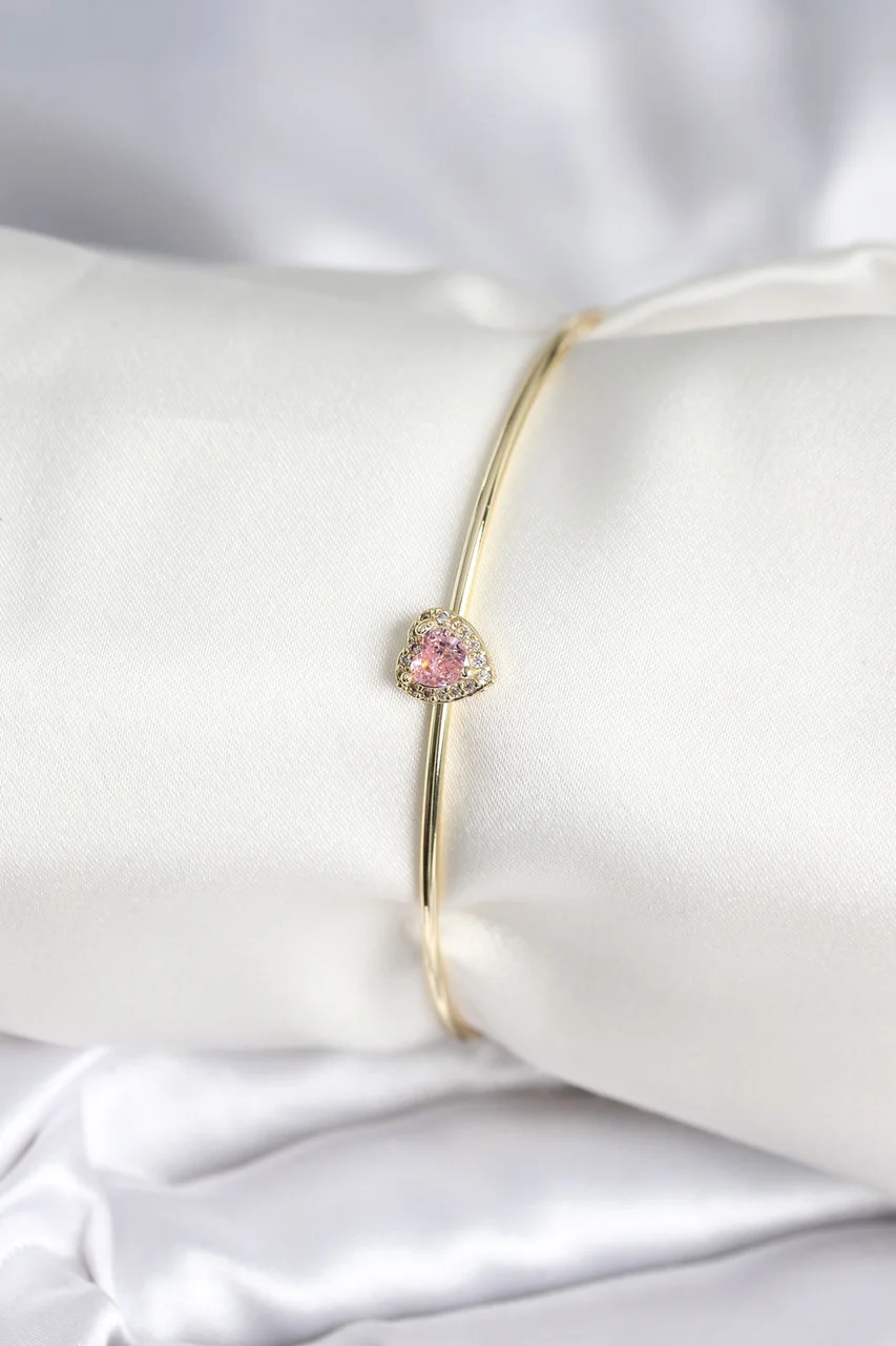 Pembe Zirkon Taşlı Kalp Model Gold Renk Kadın Bileklik Tj-bb8001 Diğer