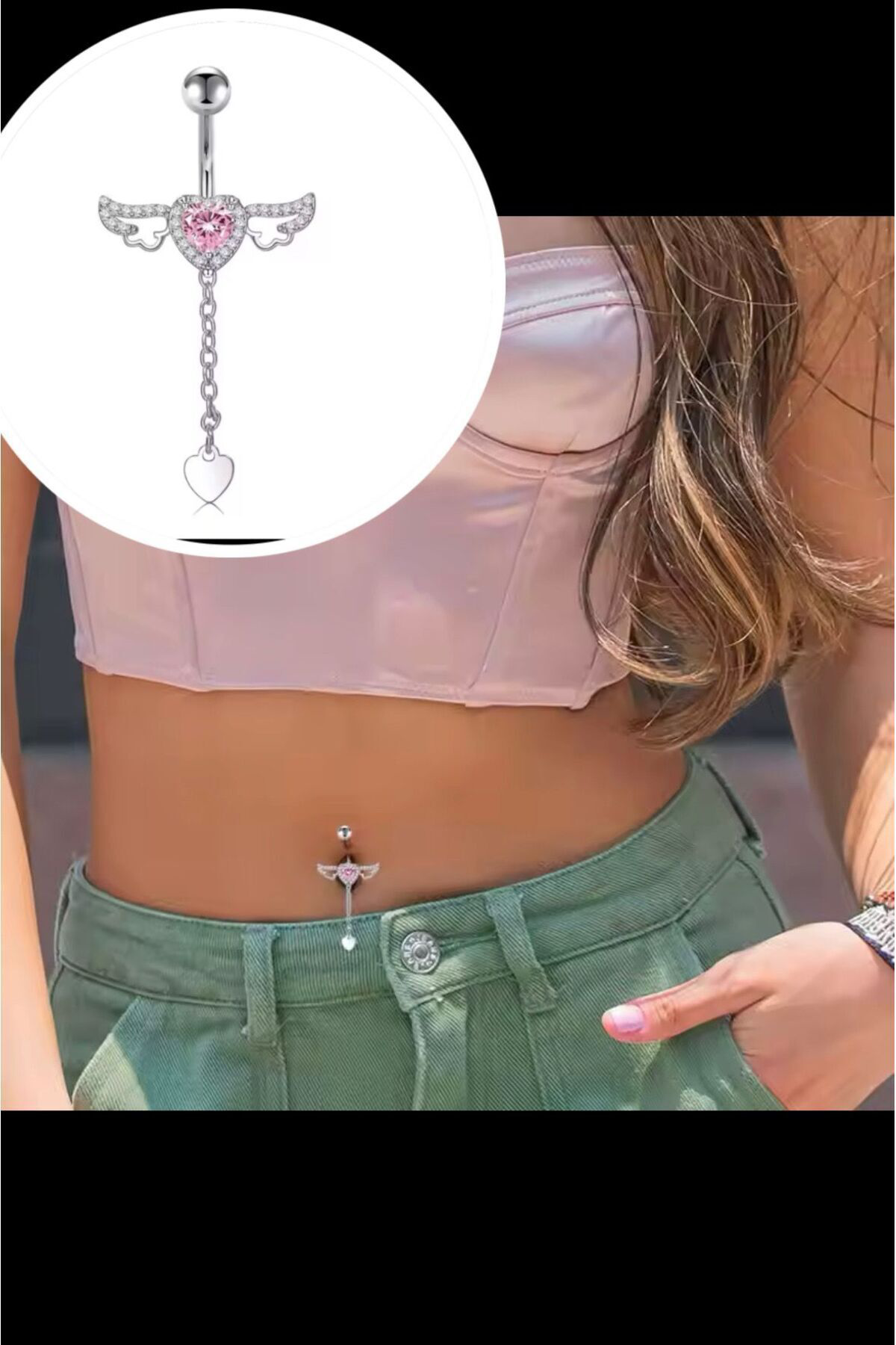 Arescollection Pembe Zirkon Taşli Kalpli Kanatli Zincir Sallantili Göbek Piercin