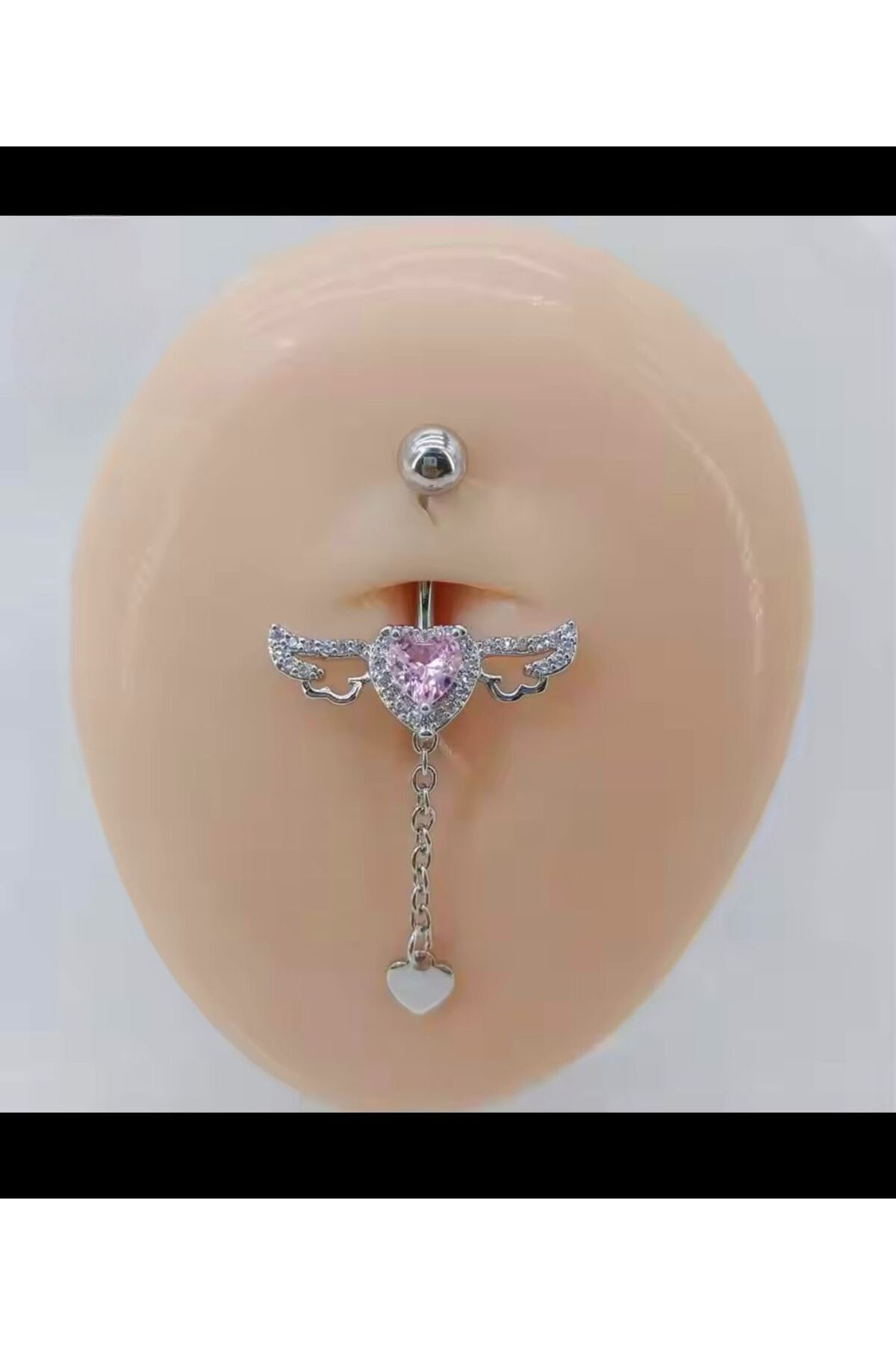 Arescollection Pembe Zirkon Taşli Kalpli Kanatli Zincir Sallantili Göbek Piercin
