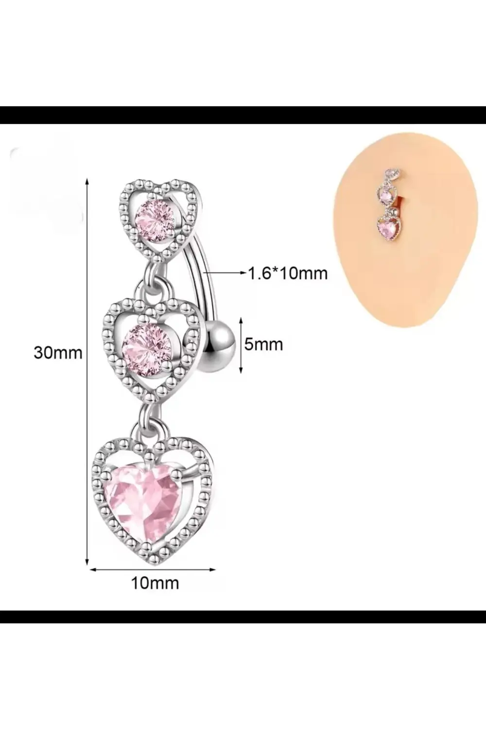 Arescollection Pembe Zirkon Taşlı Kalpli Çelik Göbek Piercingi