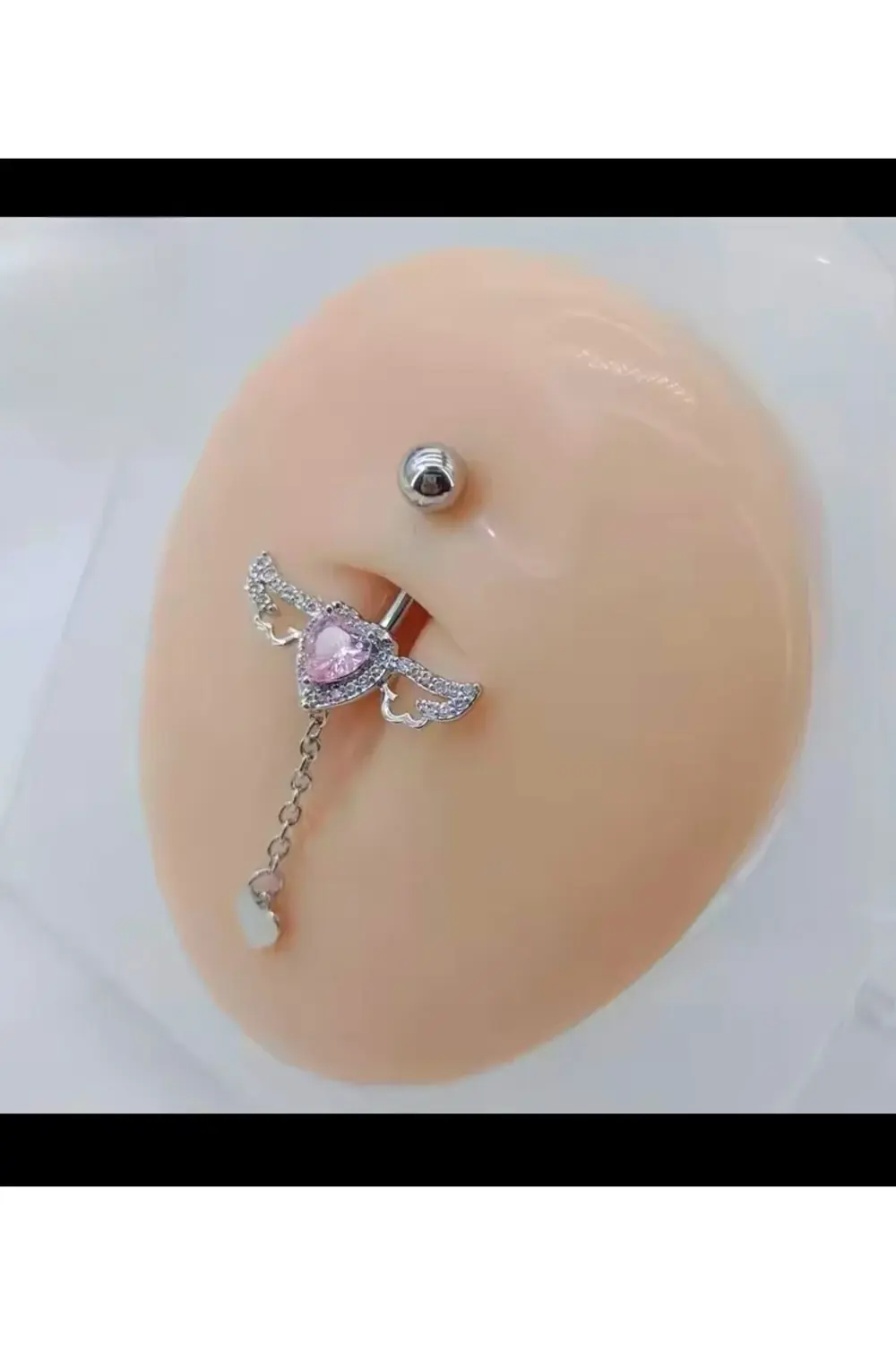 Arescollection Pembe Zirkon  Taşli Kalpli Kanatli Zincir Sallantili Göbek Pierci
