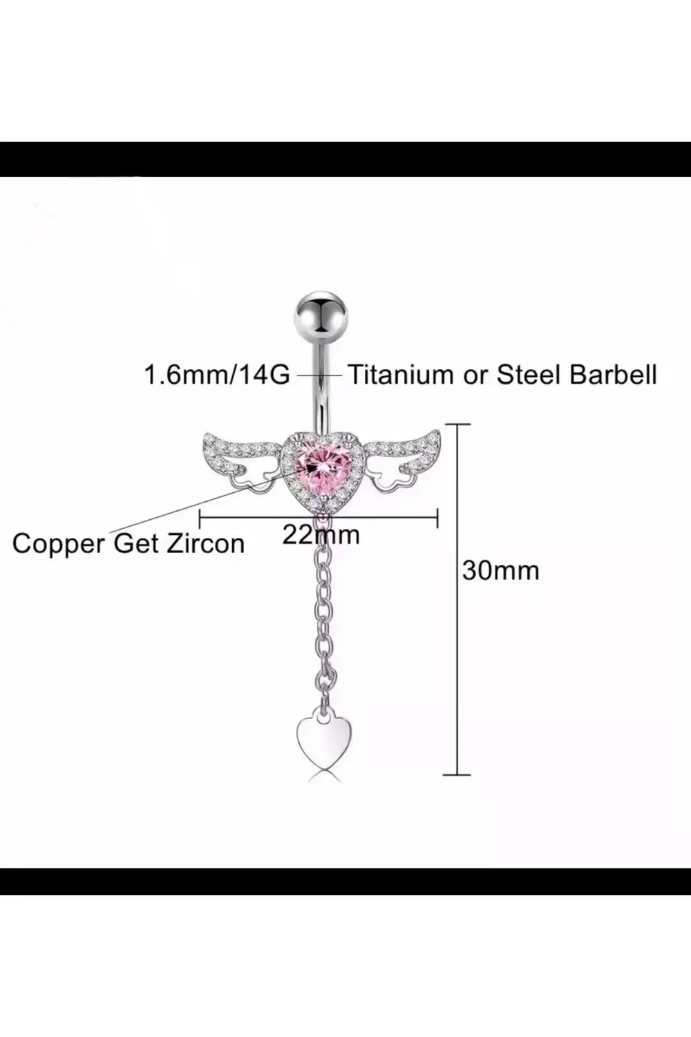 Arescollection Pembe Zirkon  Taşli Kalpli Kanatli Zincir Sallantili Göbek Pierci