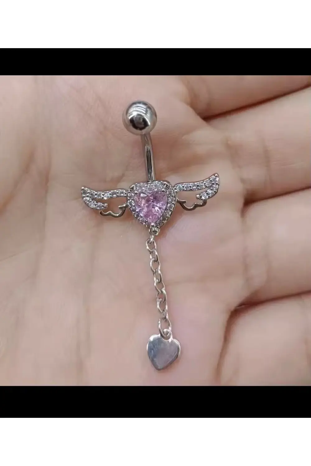 Arescollection Pembe Zirkon  Taşli Kalpli Kanatli Zincir Sallantili Göbek Pierci