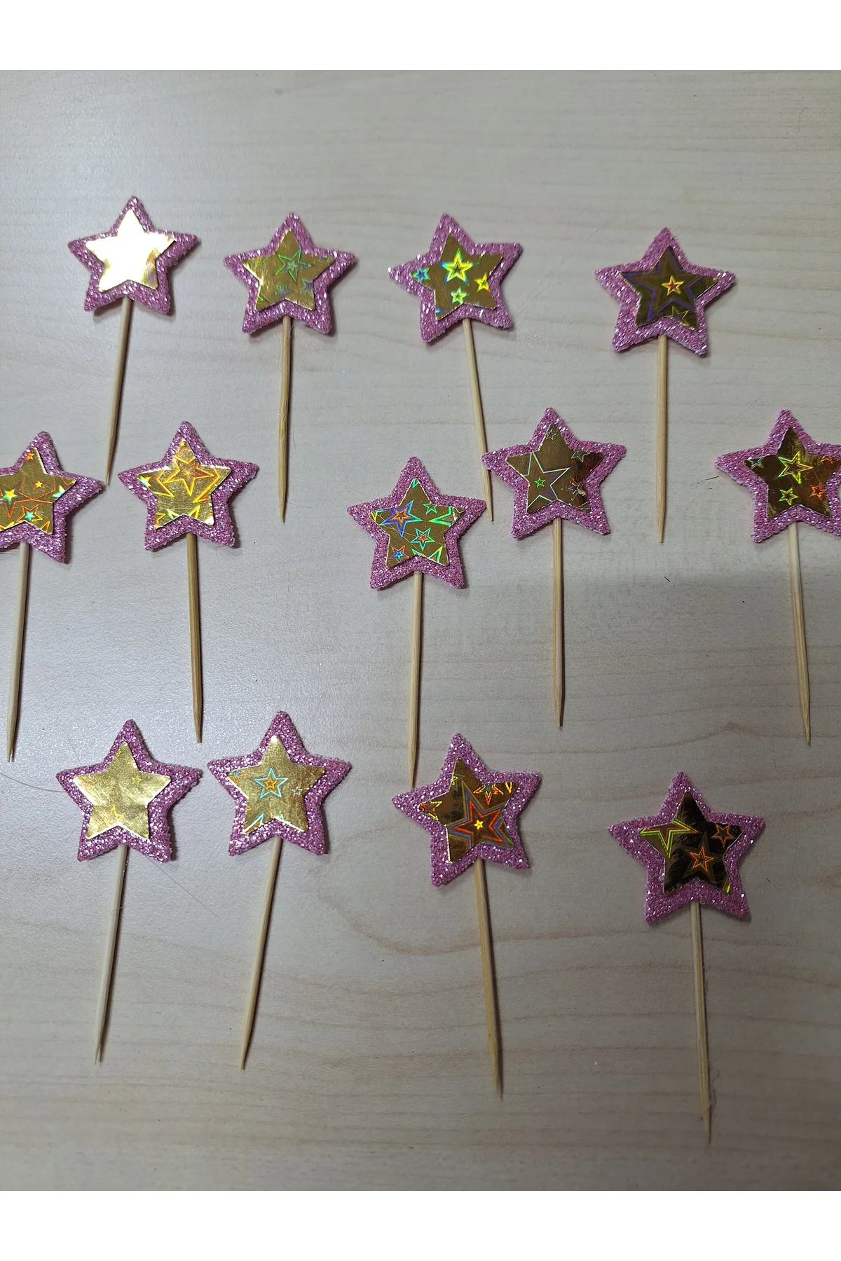PEMBE&GOLD YILDIZLI PASTA SÜSÜ KÜRDAN, CUPKEK 15 Lİ