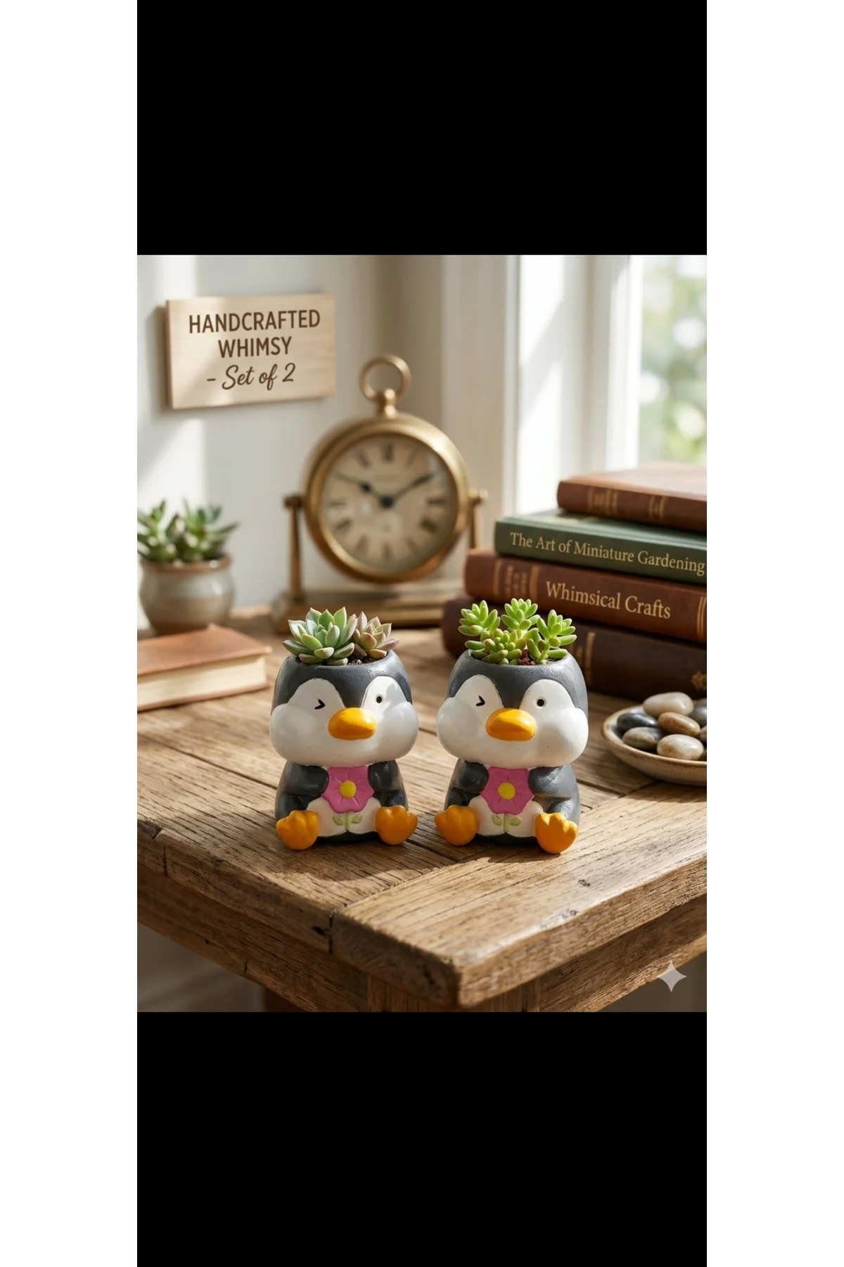 Penguen Figürlü 2'li Mini Sukulent Saksı Seti - El Yapımı Dekorat