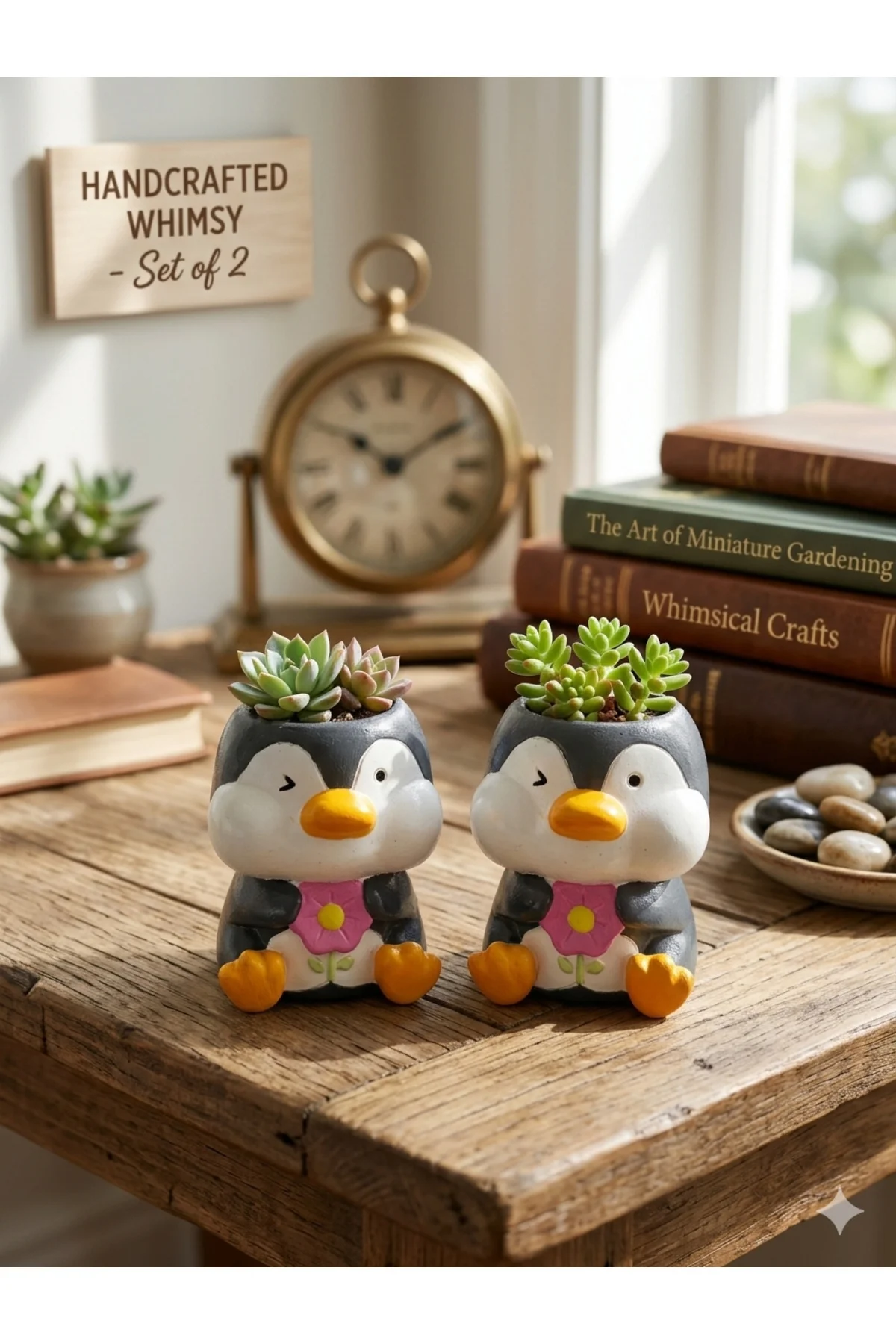 Penguen Figürlü 2'li Mini Sukulent Saksı Seti - El Yapımı Dekorat