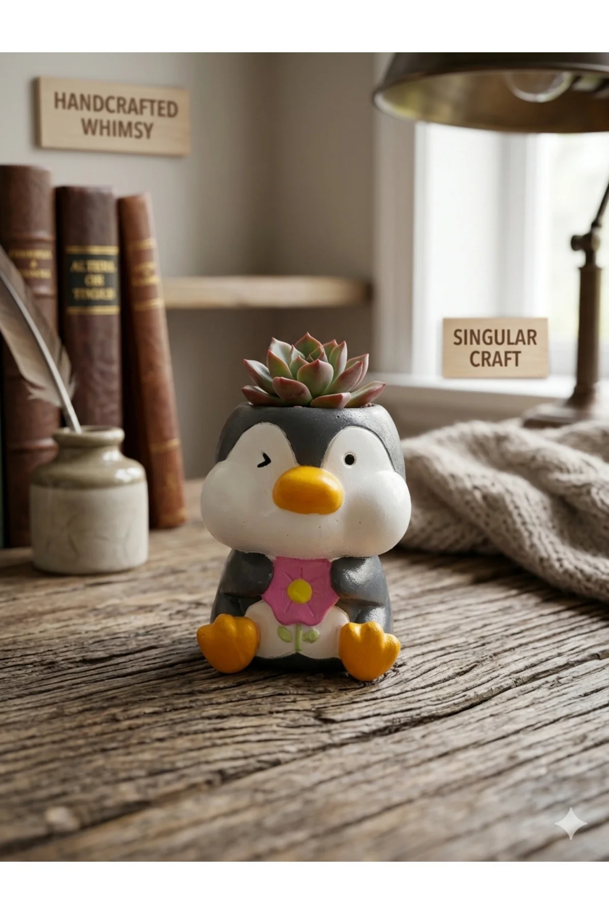 Penguen Tasarım El Yapımı Seramik Saksı - Dekoratif Mini Çiçeklik & Ofis Masa Üstü Hediyelik Obje