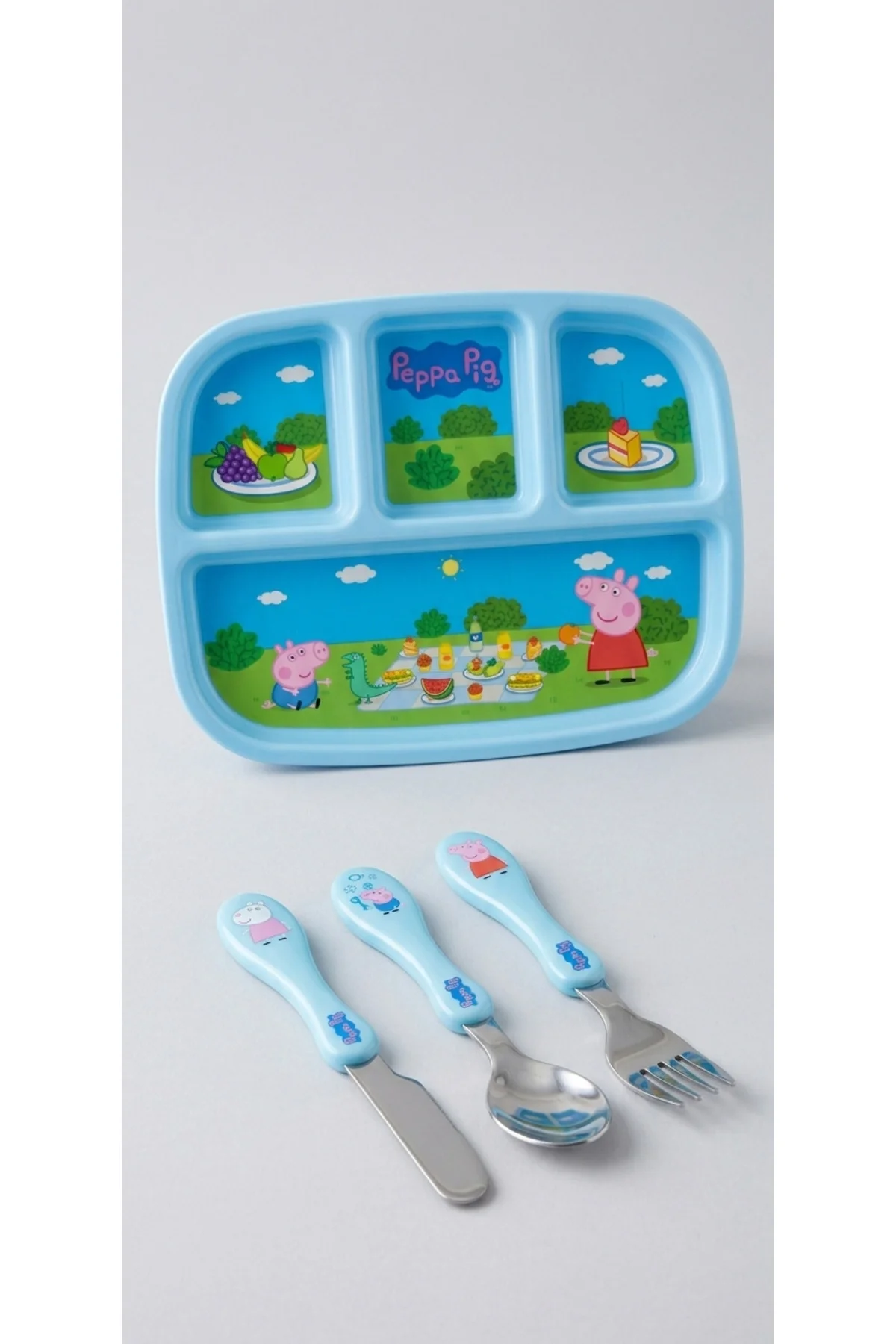 Peppa Pig Desenli Çocuk Tabağı ve Çelik Çatal-Kaşık Seti